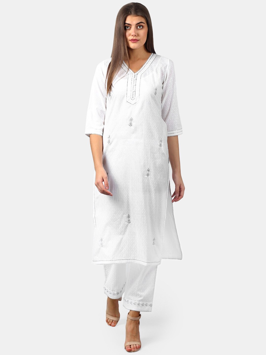 

DART STUDIO Women White Woven Design Straight Kurta