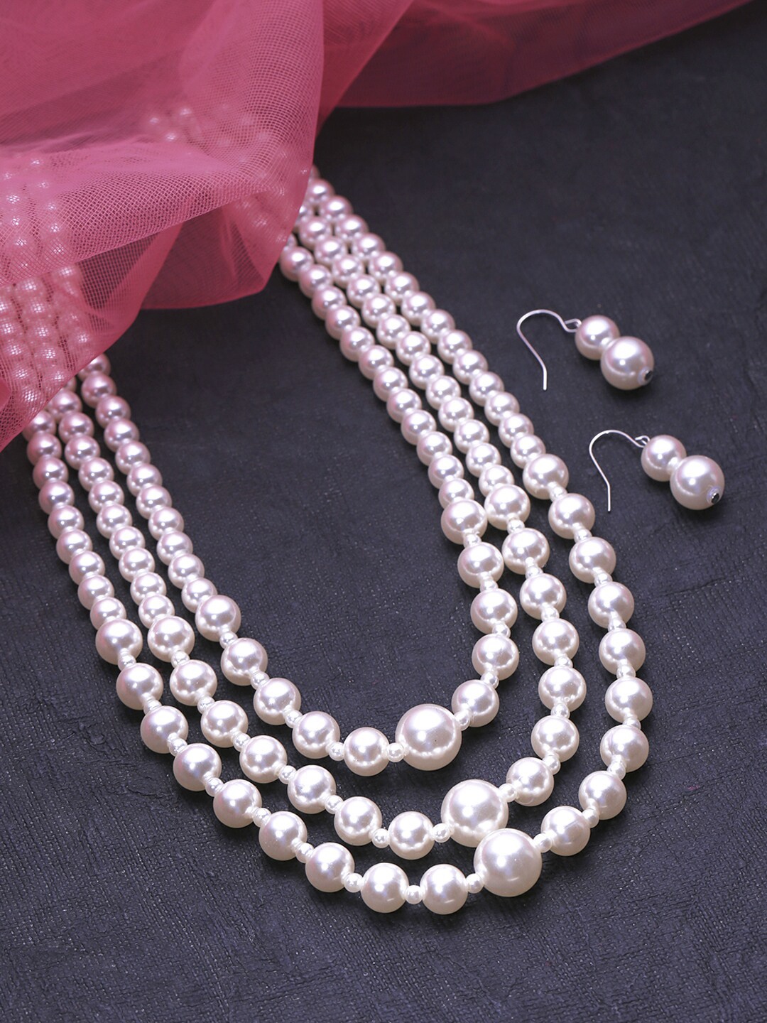 

Yellow Chimes White Pearl Studded Multi-Layer Necklace With Earring