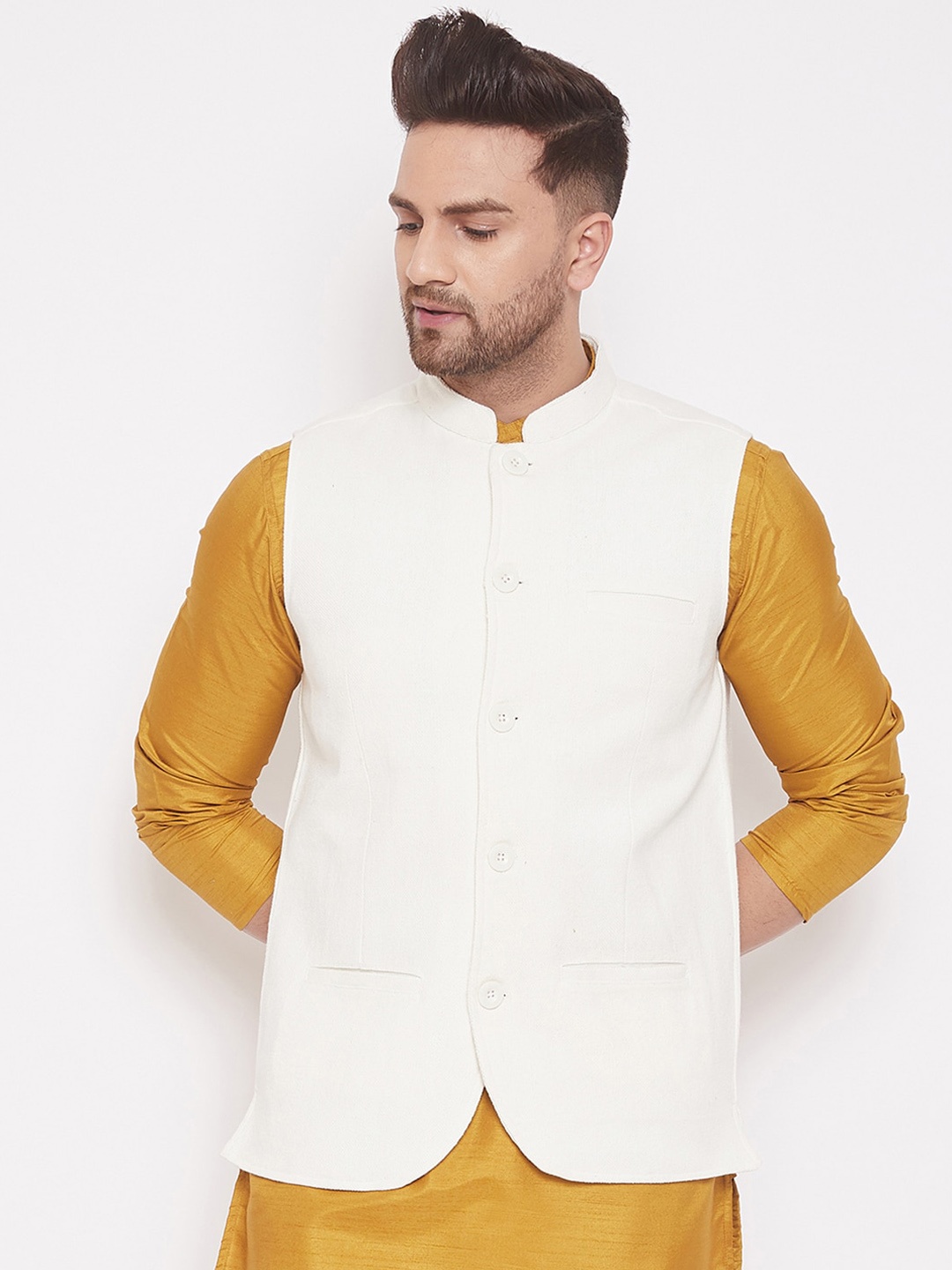 

even Men White Solid Nehru Jacket