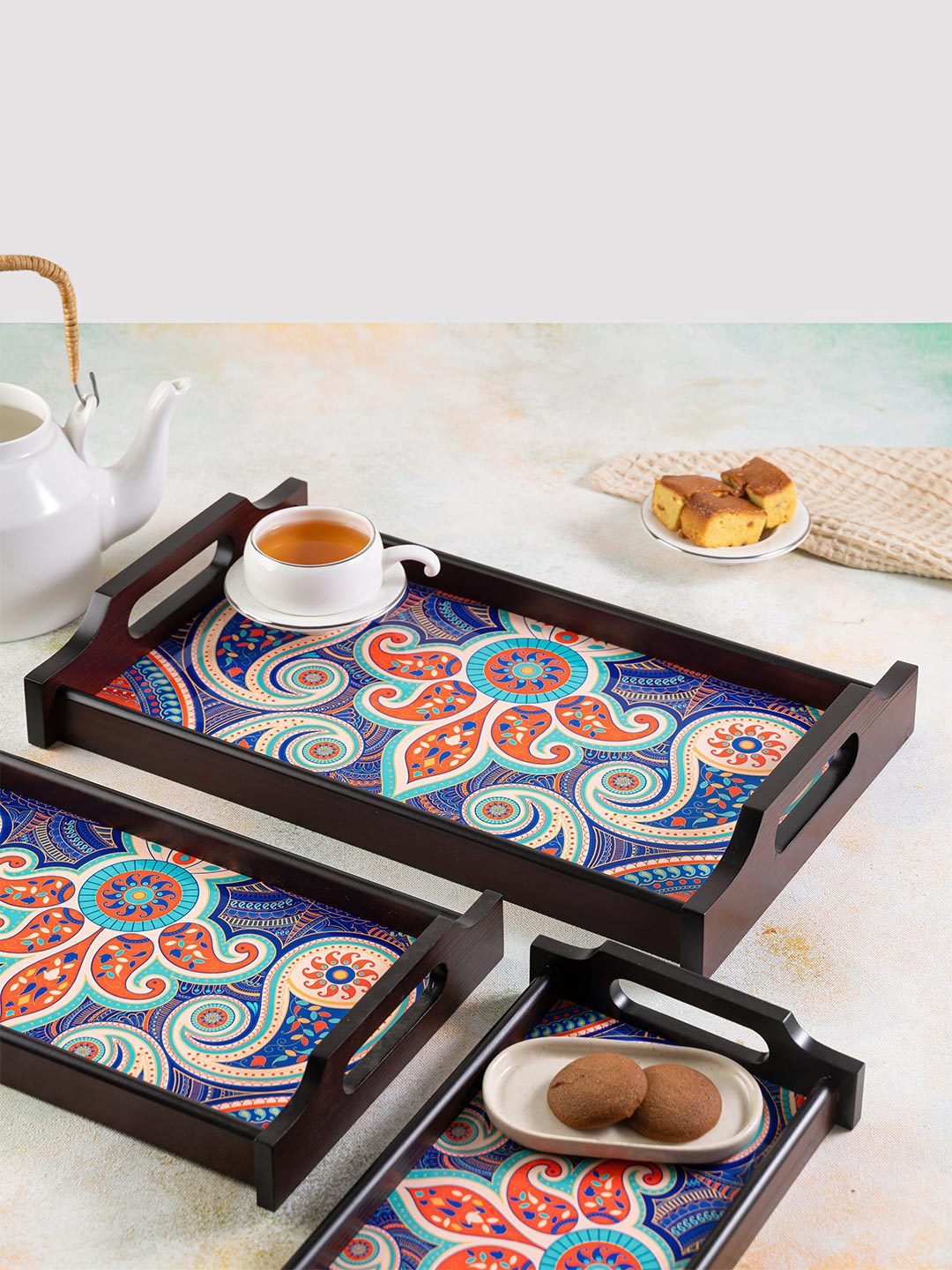 

KOLOROBIA Blue & Orange Paisley Print Large Wooden Tray
