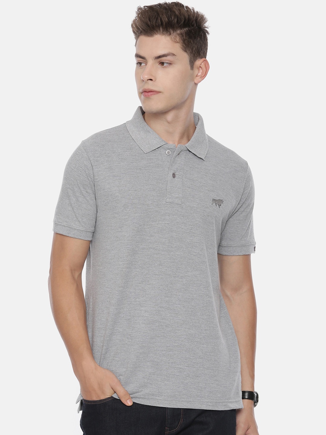 

Bushirt Men Grey Melange Solid Polo Collar Pure Cotton T-shirt