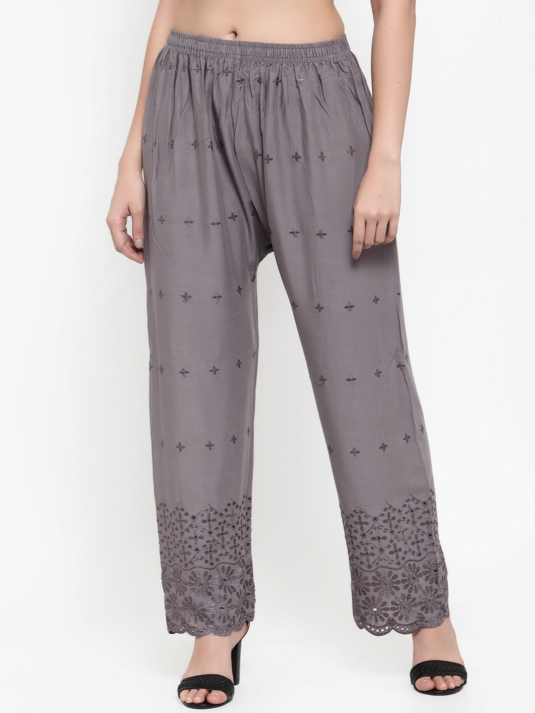 

Miaz Lifestyle Women Grey Embroidered Straight Palazzo