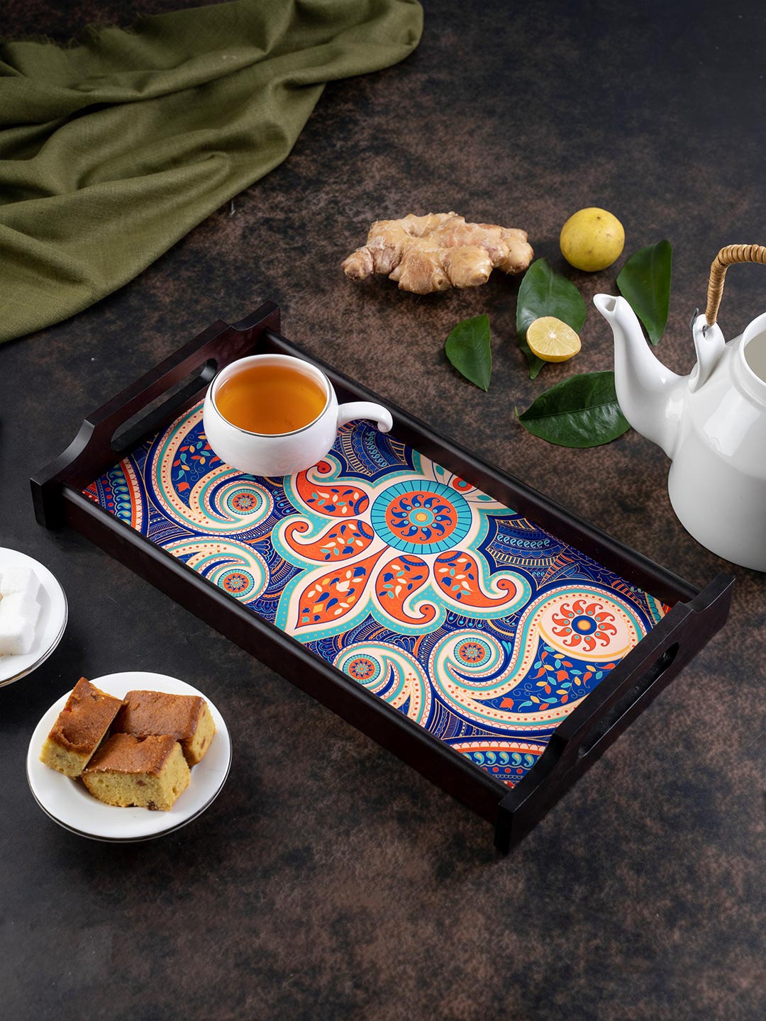 

KOLOROBIA Brown & Yellow Printed Majestic Paisley Medium Wooden Tray, Blue
