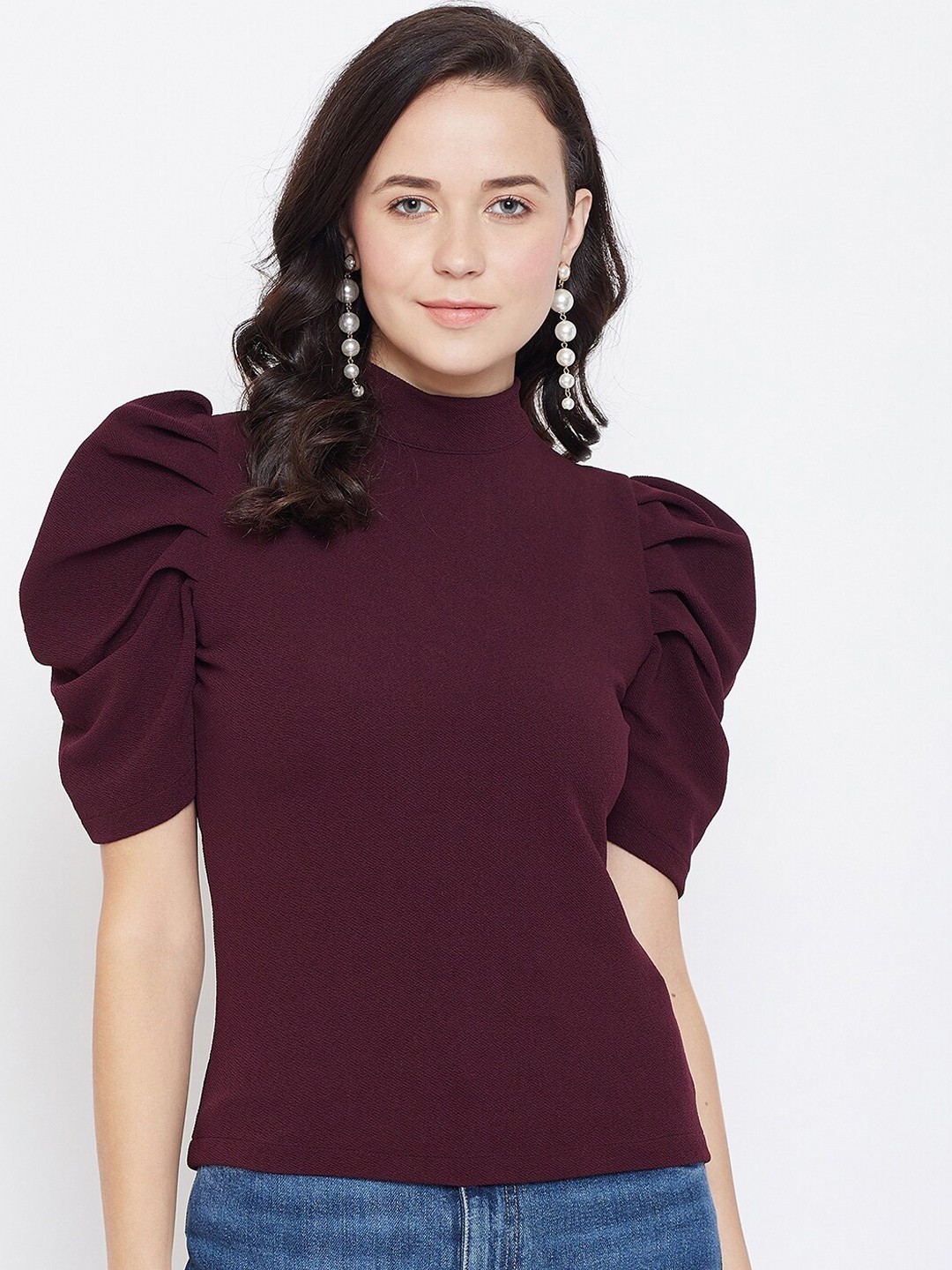 

Zastraa Burgundy Top With Puff Sleeves