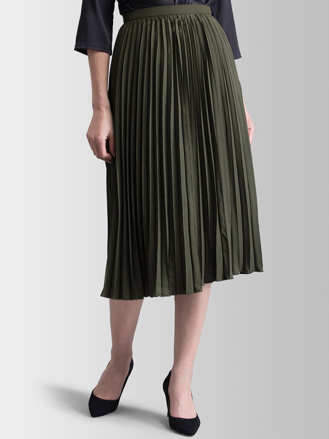 

FableStreet Olive Green A-Line Knee-Length Skirt