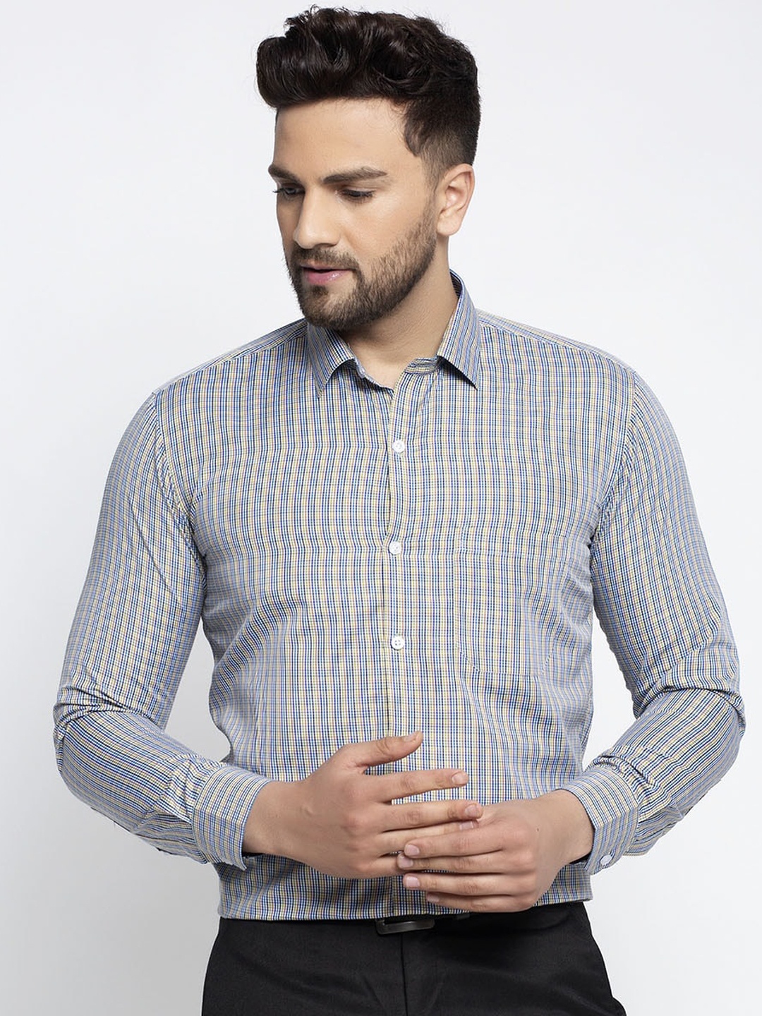 

JAINISH Men Green & Blue Regular Fit Checked Formal Shirt