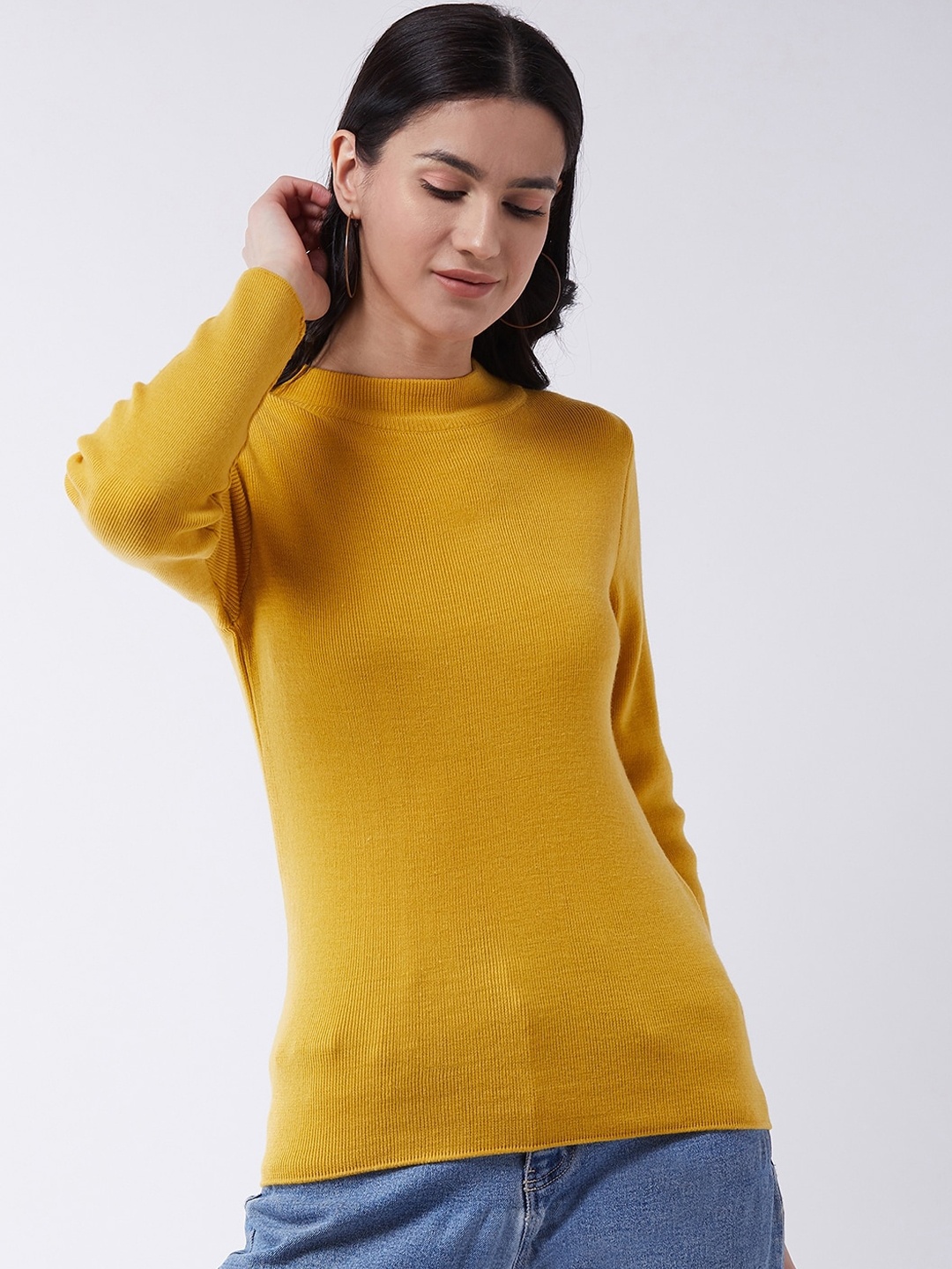 

RVK Women Mustard Yellow Solid Acrylic Pullover Sweater