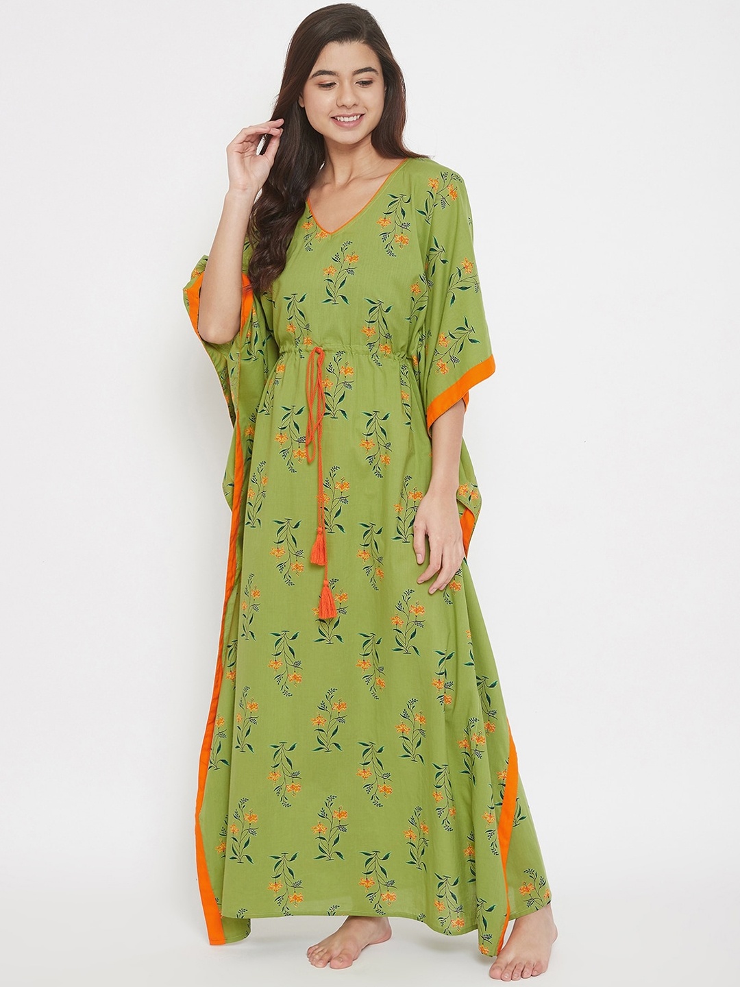 

The Kaftan Company Women Green & Orange Printed Maxi Nightdress