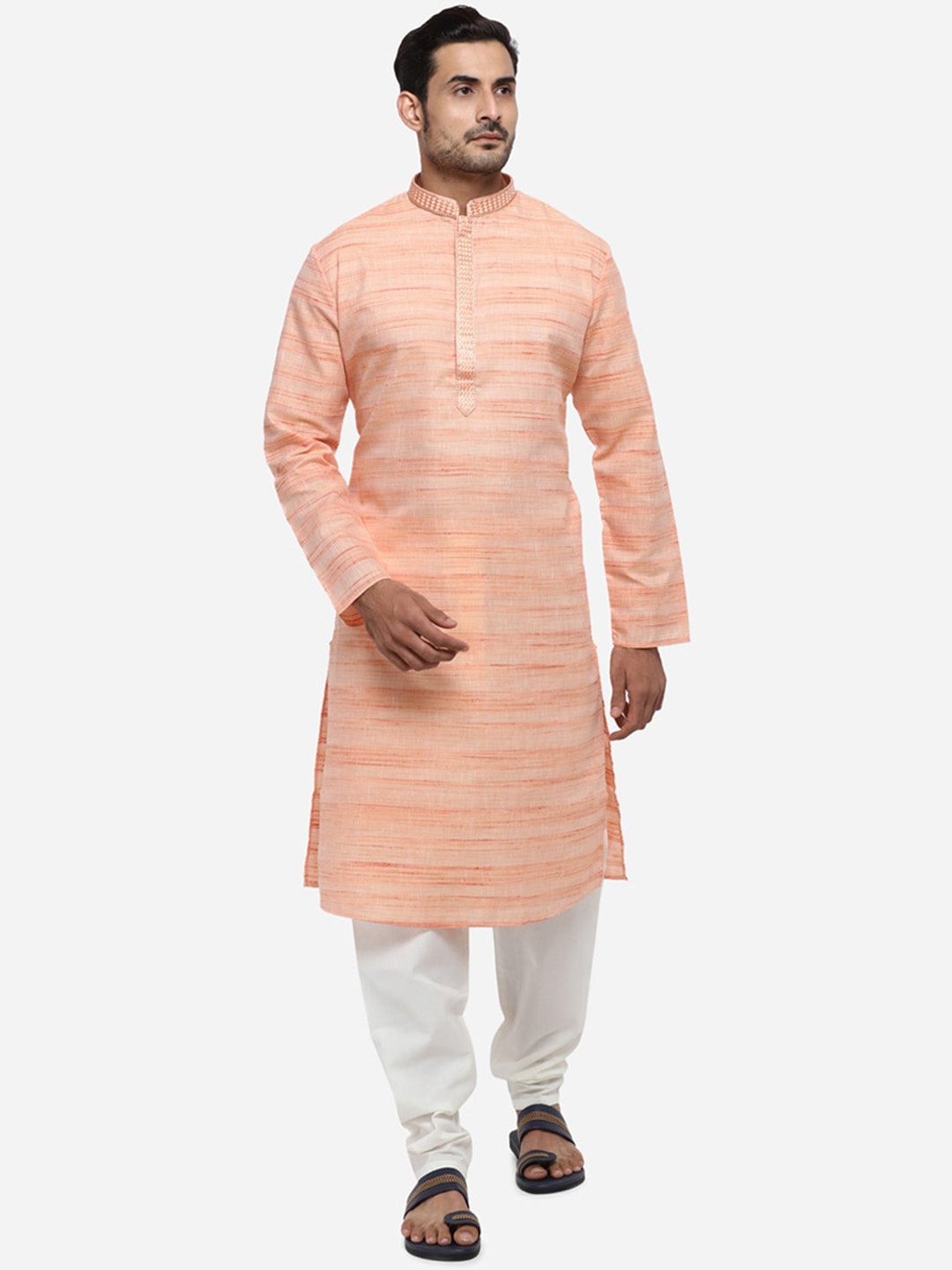 

azania Men Peach-Coloured & White Solid Kurta with Pyjamas