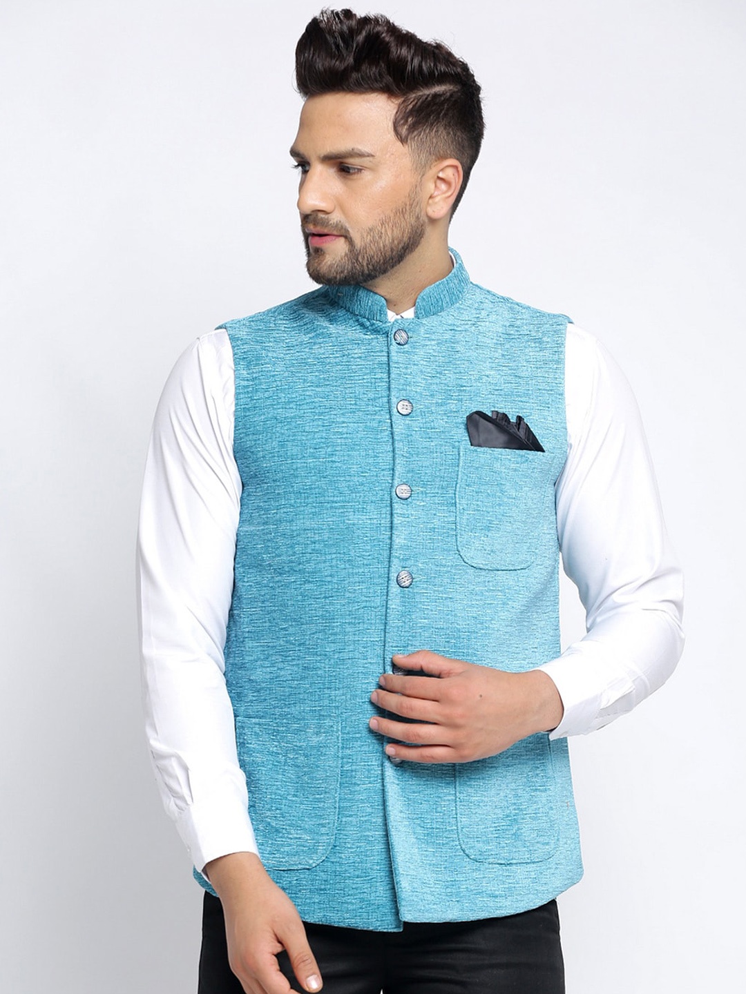 

KLOTTHE Men Blue Woven Design Nehru Jacket