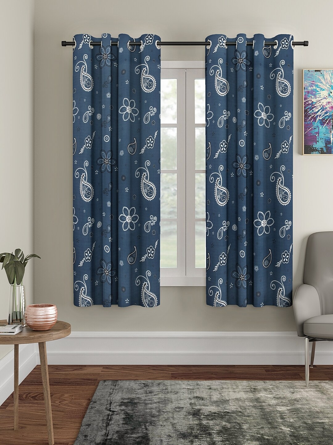 

Cortina Teal blue & White Set of 2 Digital Printed Window Curtains