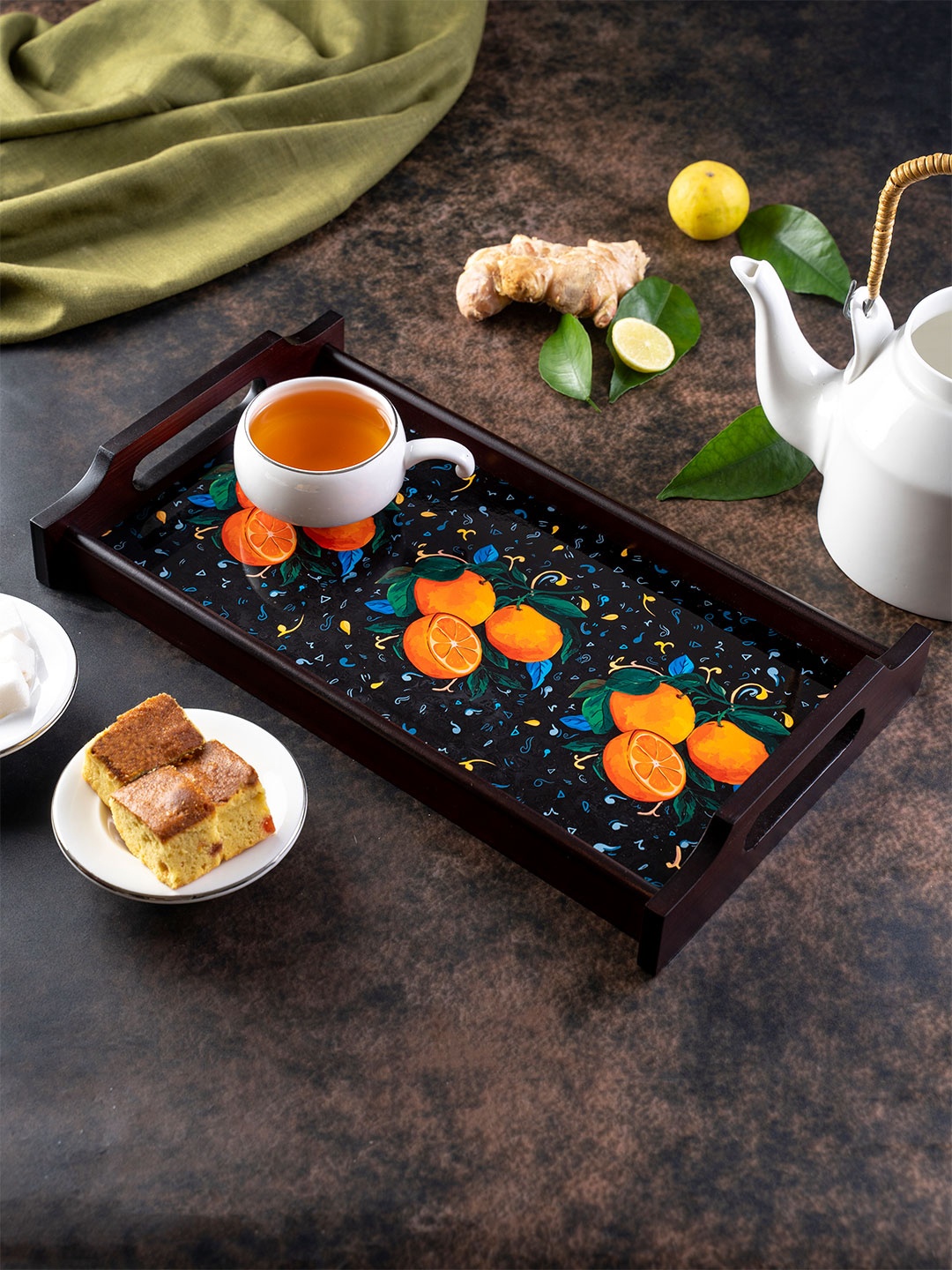 KOLOROBIA Black & Blue Printed Juicy Italian Oranges Small Wooden Trays