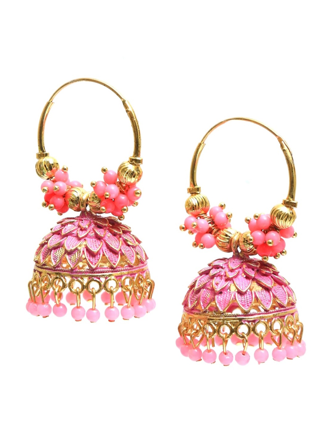 

Crunchy Fashion Pink & Gold-Toned Contemporary Jhumkas