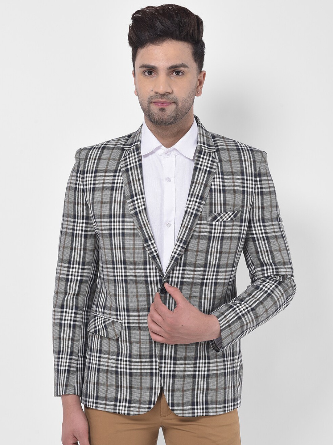 LUXURAZI Men Grey & White Checked Slim-Fit Single-Breasted Formal Blazer