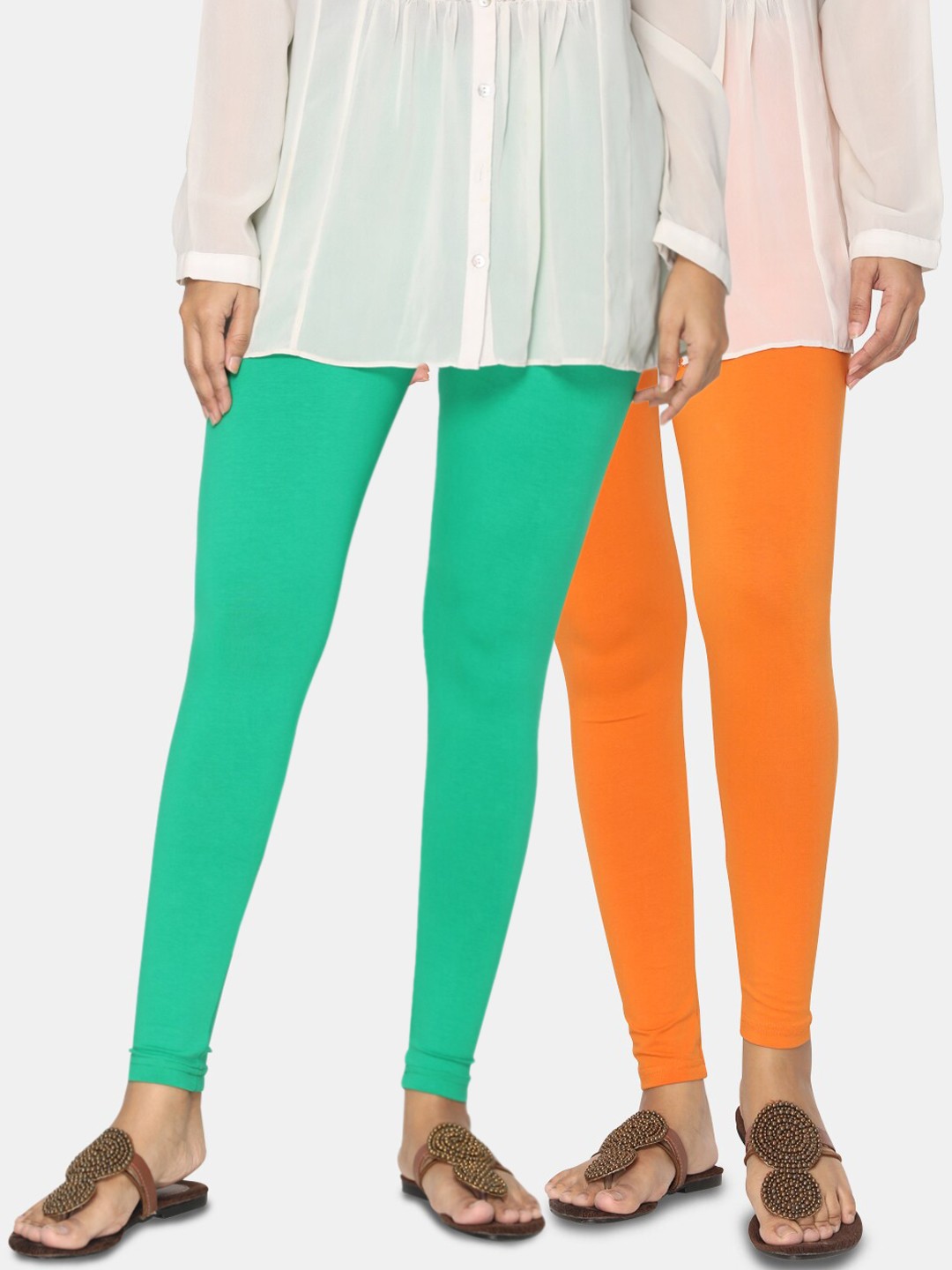 TSG Bliss Women Pack Of 2 Green & Orange Solid Ankle-Length Leggings