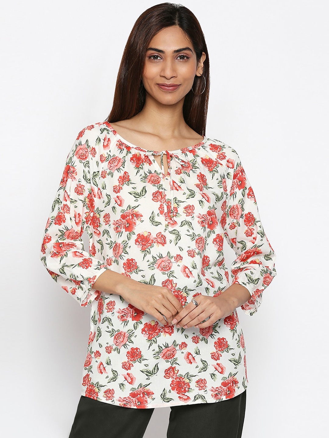 

Honey by Pantaloons Women White & Red Printed Straight Tunic