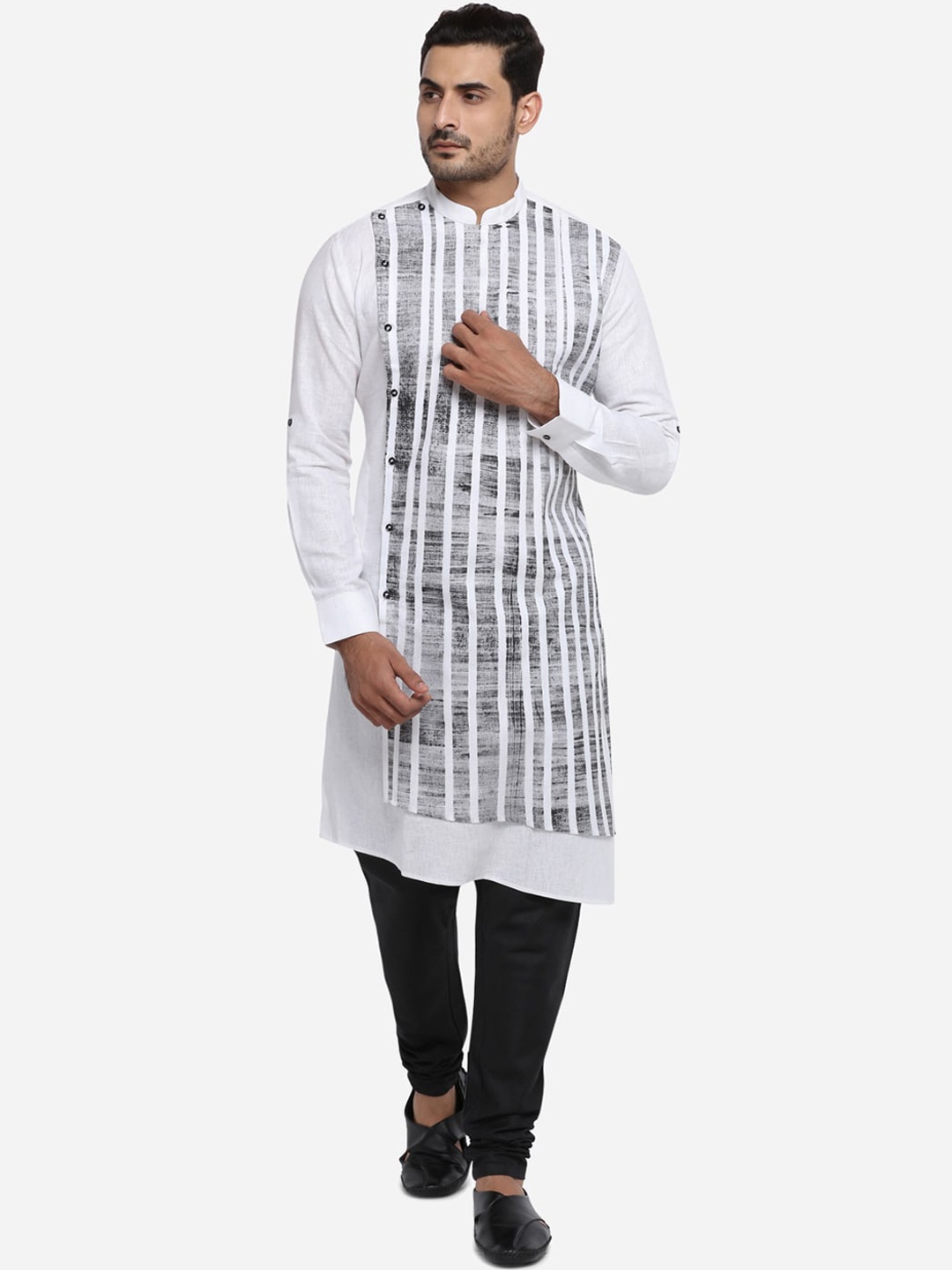 

azania Men White & Black Striped Kurta with Churidar