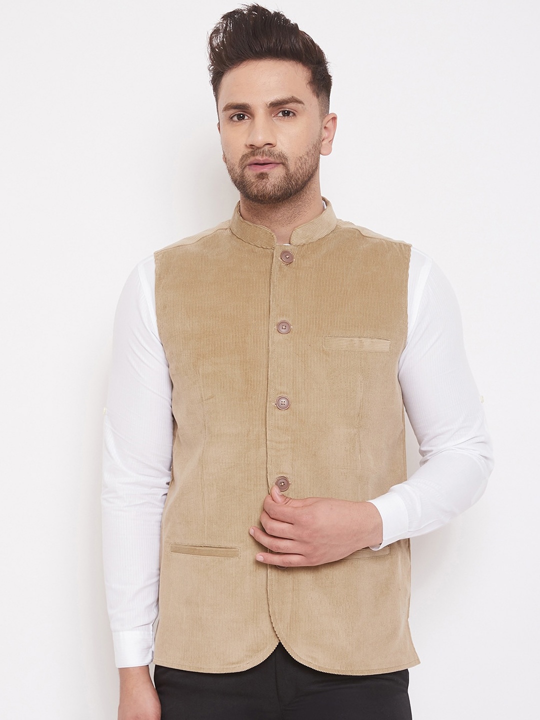 

even Men Beige Self-Design Woven Corduroy Nehru Jacket