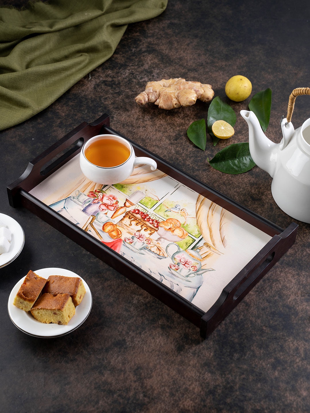 

KOLOROBIA White & Grey English Breakfast Print Medium Wooden Tray