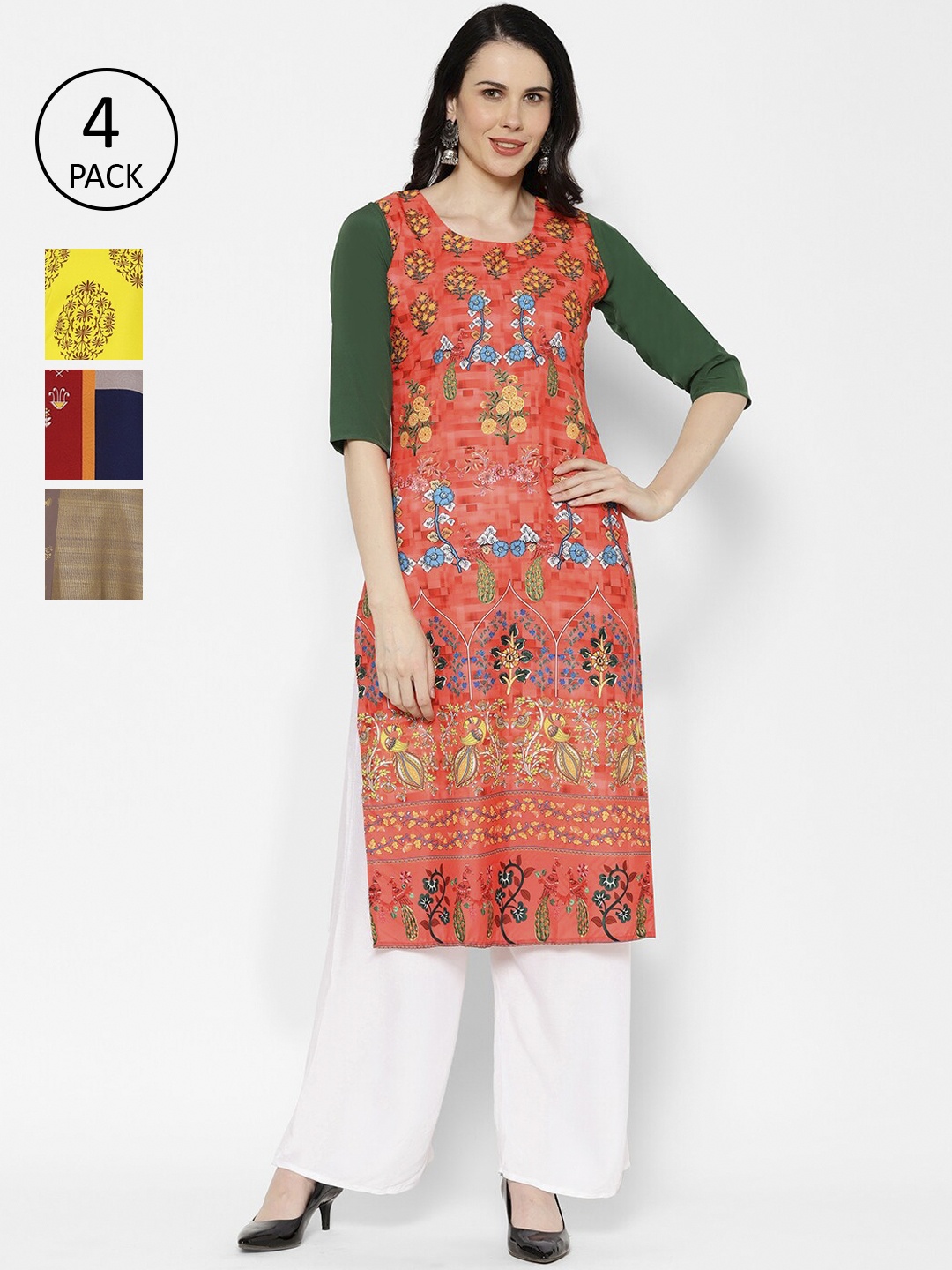 

7Threads Women Pack Of 4 Printed Straight Kurta, Yellow