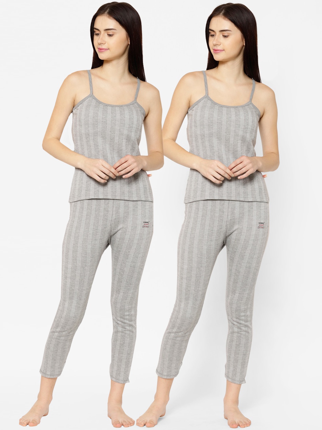 

VIMAL JONNEY Women Pack Of 2 Grey Striped Thermal Sets