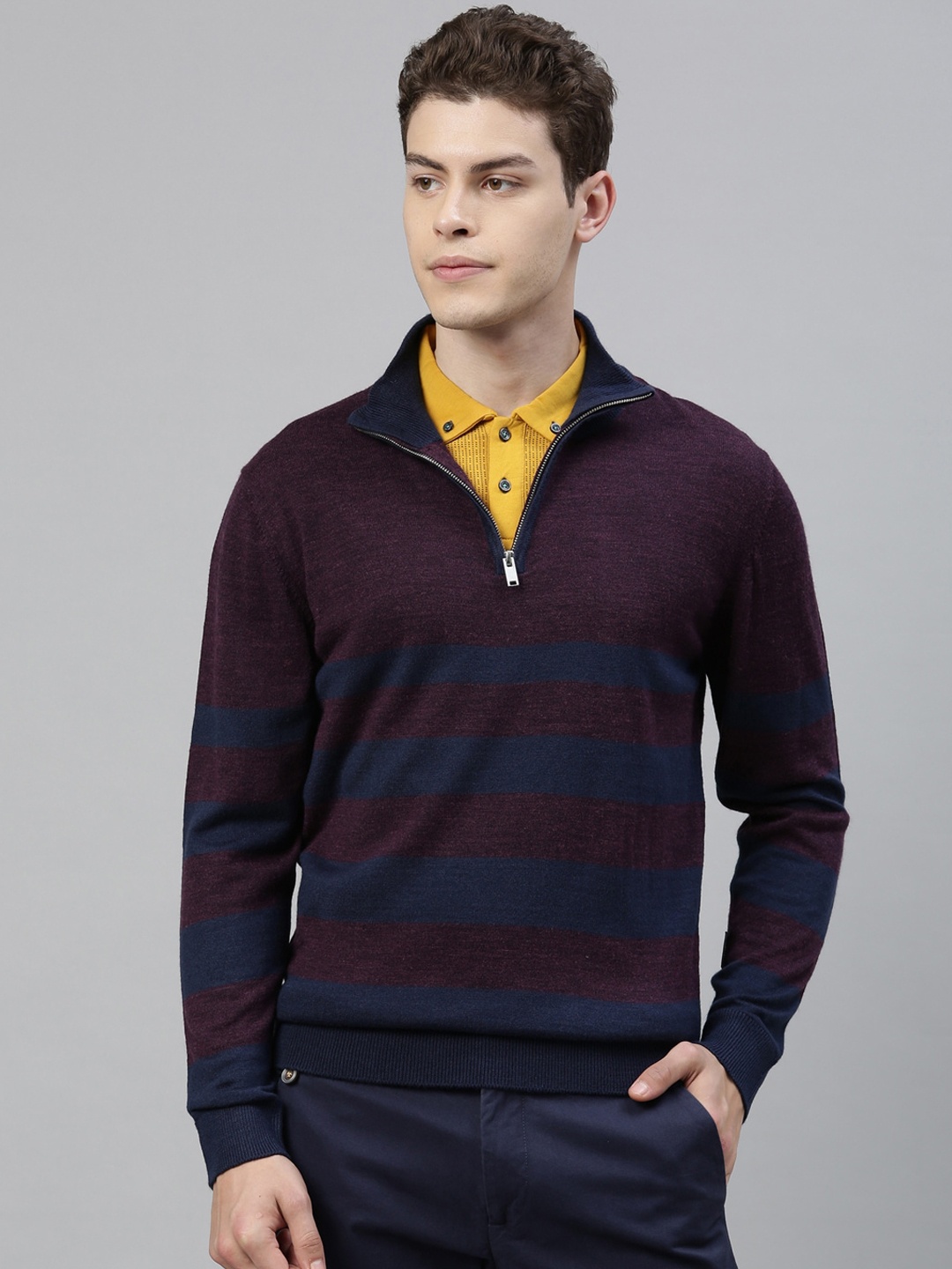 

RARE RABBIT Men Purple & Blue Striped Pullover Sweater