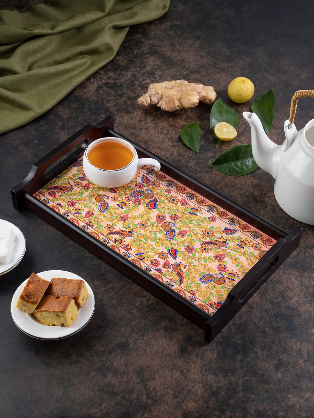 

KOLOROBIA Pink & Yellow Printed Kalamkari Finesse Small Wooden Tray