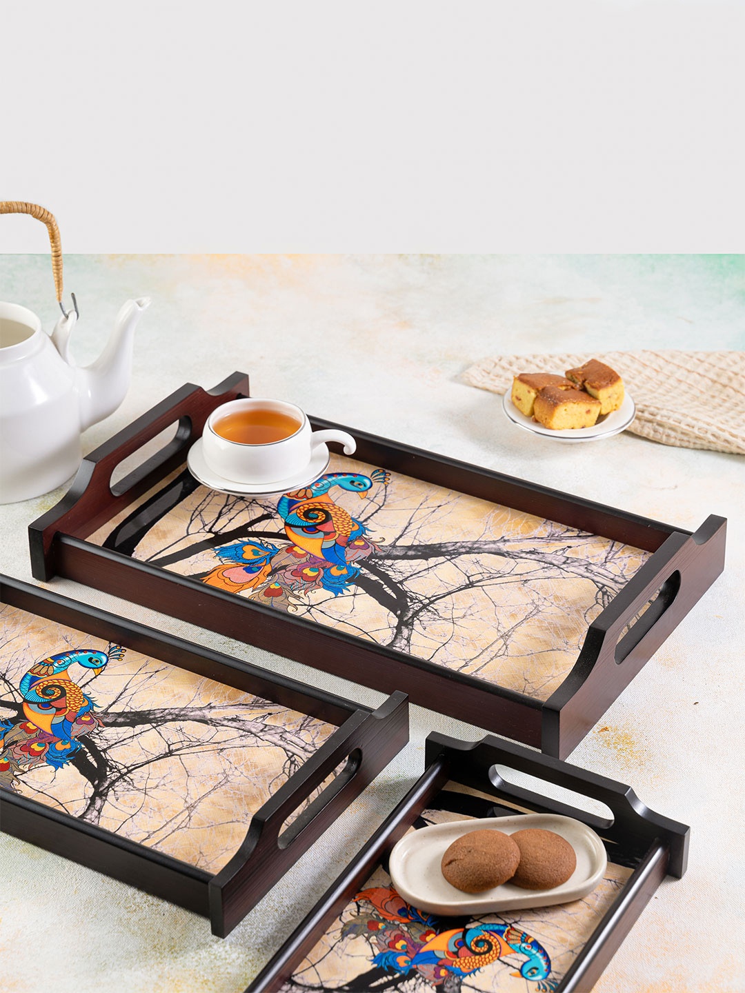 KOLOROBIA Beige & Blue Charismatic Peacock Small Wooden Tray