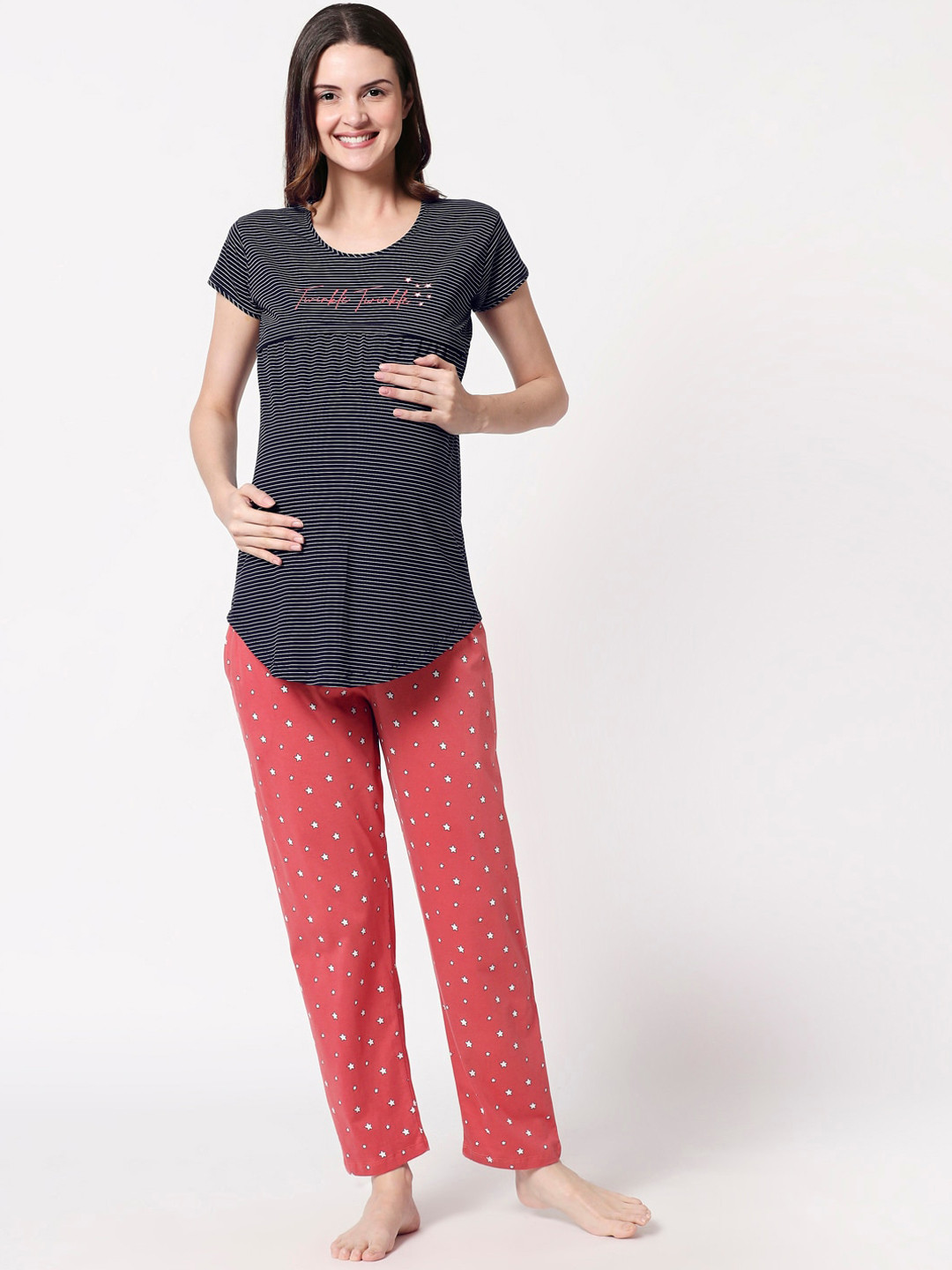 

Zeyo Women Navy Blue & Red Striped Maternity Night suit