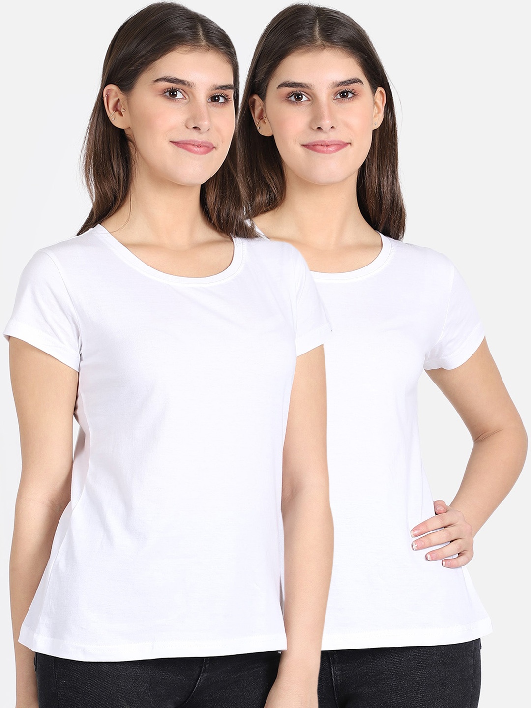 DYCA Women Pack Of 2 White Solid Round Neck T-shirt
