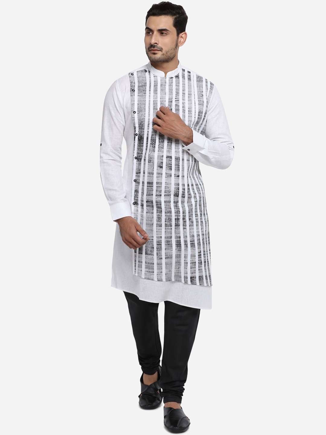 

azania Men Off-White & Black Printed Kurta with Churidar