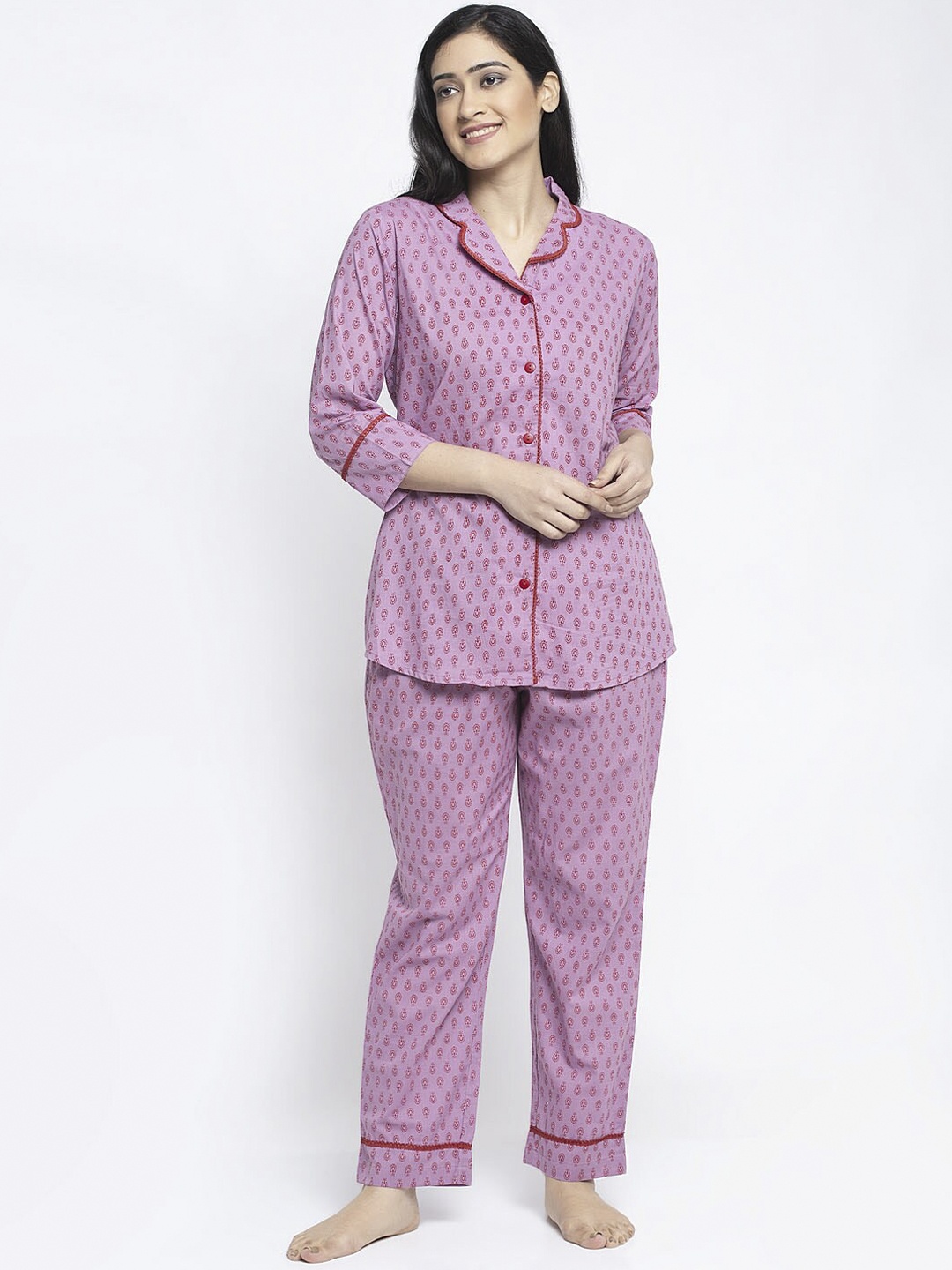 Aujjessa Women Lavender & Red Ethnic Motifs Printed Night Suit