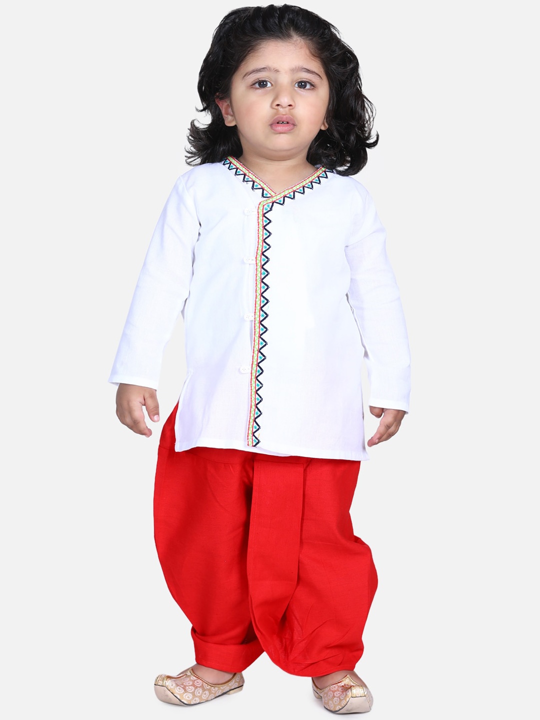 

BownBee Boys White & Red Solid Cotton Angrakha Kurta with Dhoti Pants