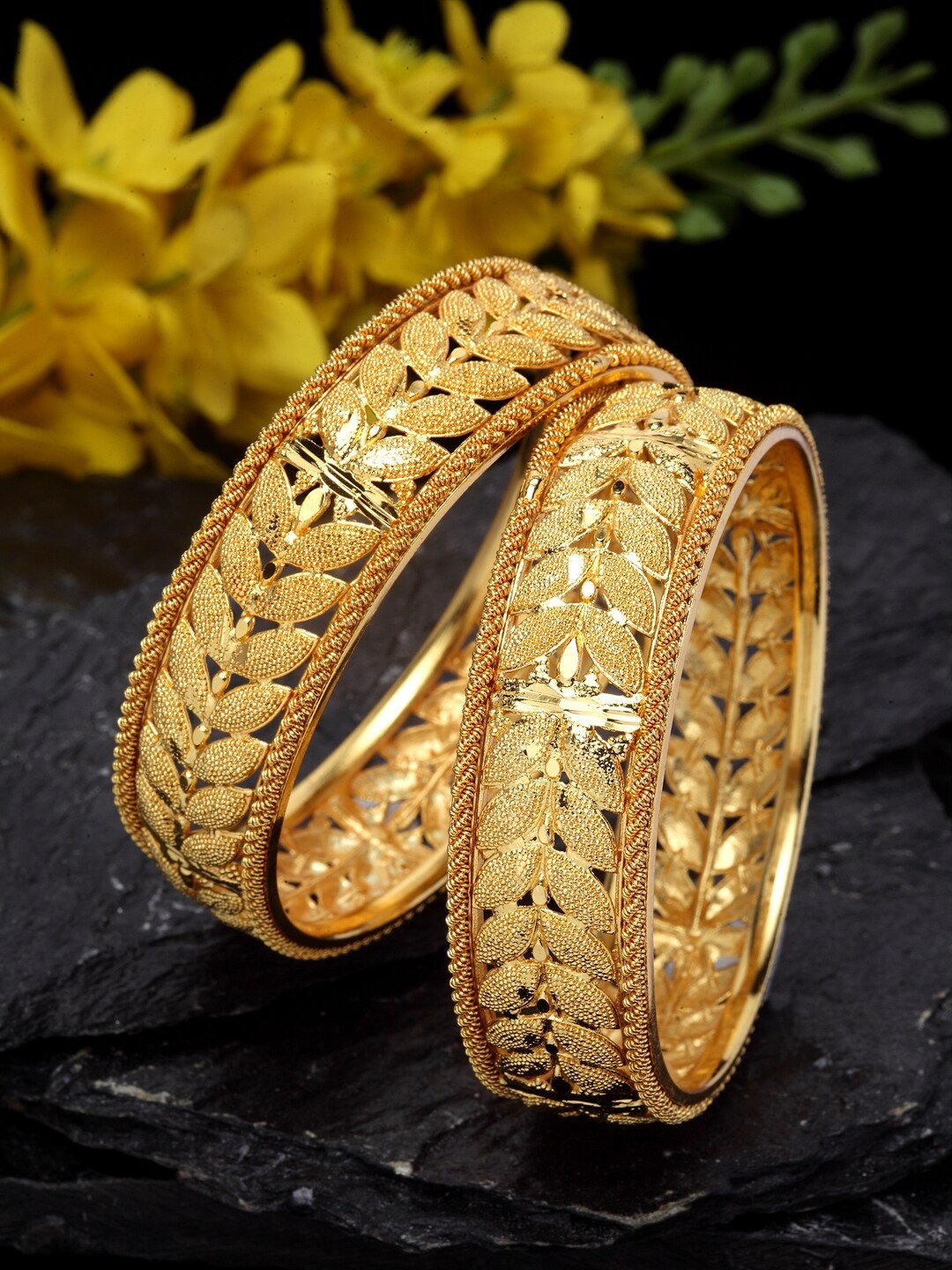 

Shining Diva Set Of 2 Gold Plated Gold Toned Antique Bangles