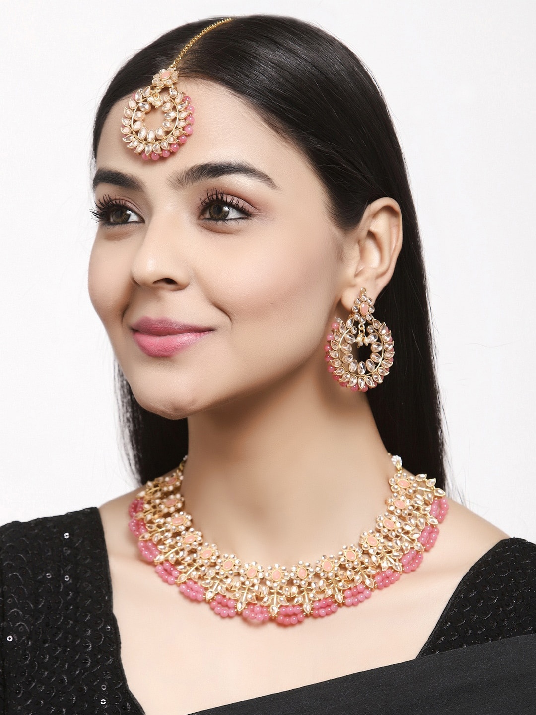 

Shining Diva Gold Plated Pink & White Kundan Studded Jewellery Set