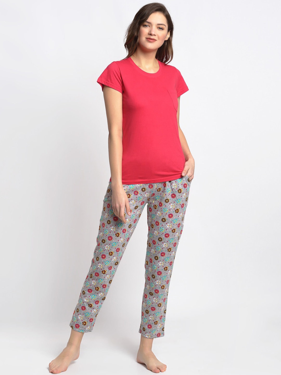 

Boston Club Women Grey & Red Graphic Printe Night Suit