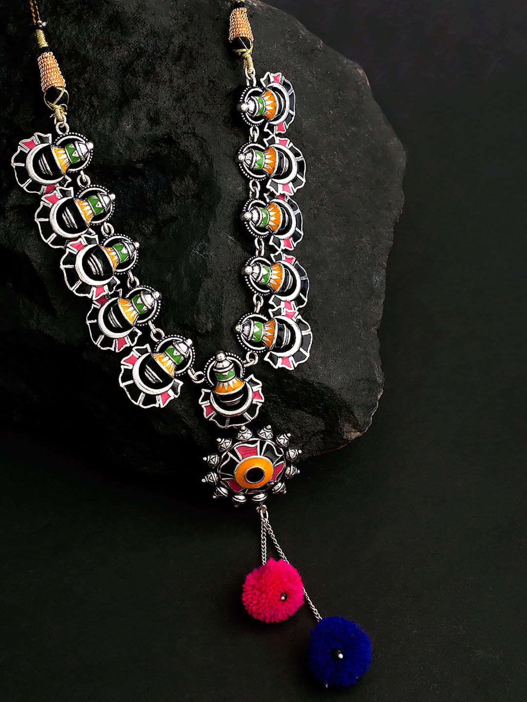 

Voylla Blue & Pink Brass Silver-Plated Enamelled Necklace