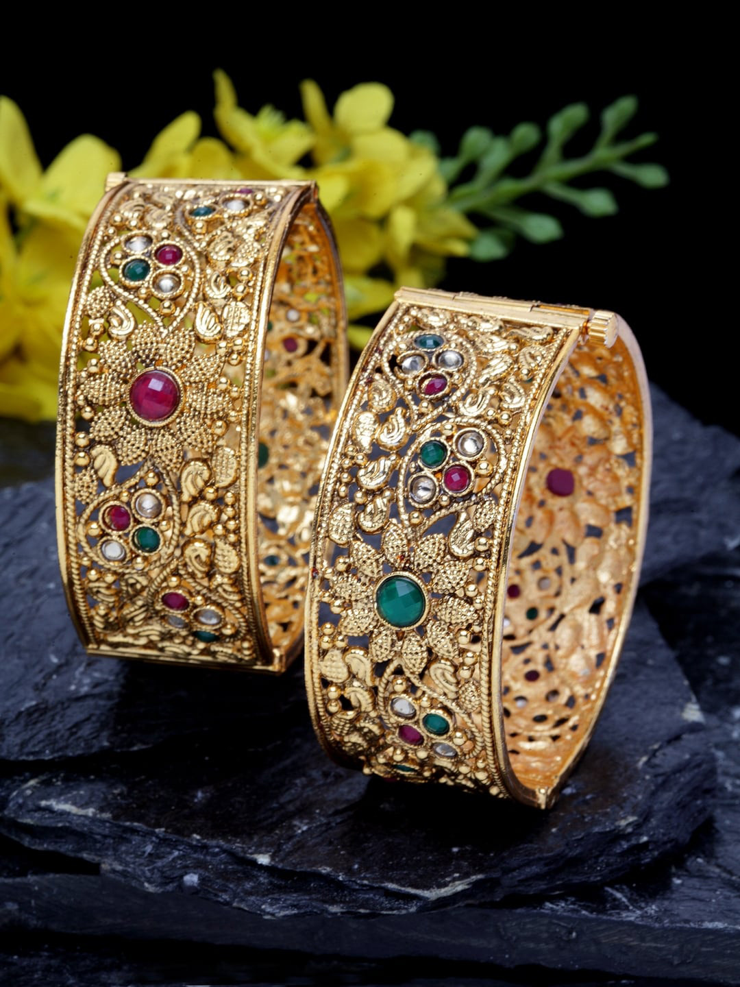 

Shining Diva Set Of 2 Gold-Plated Red & Green Stone-Studded Antique Bangles