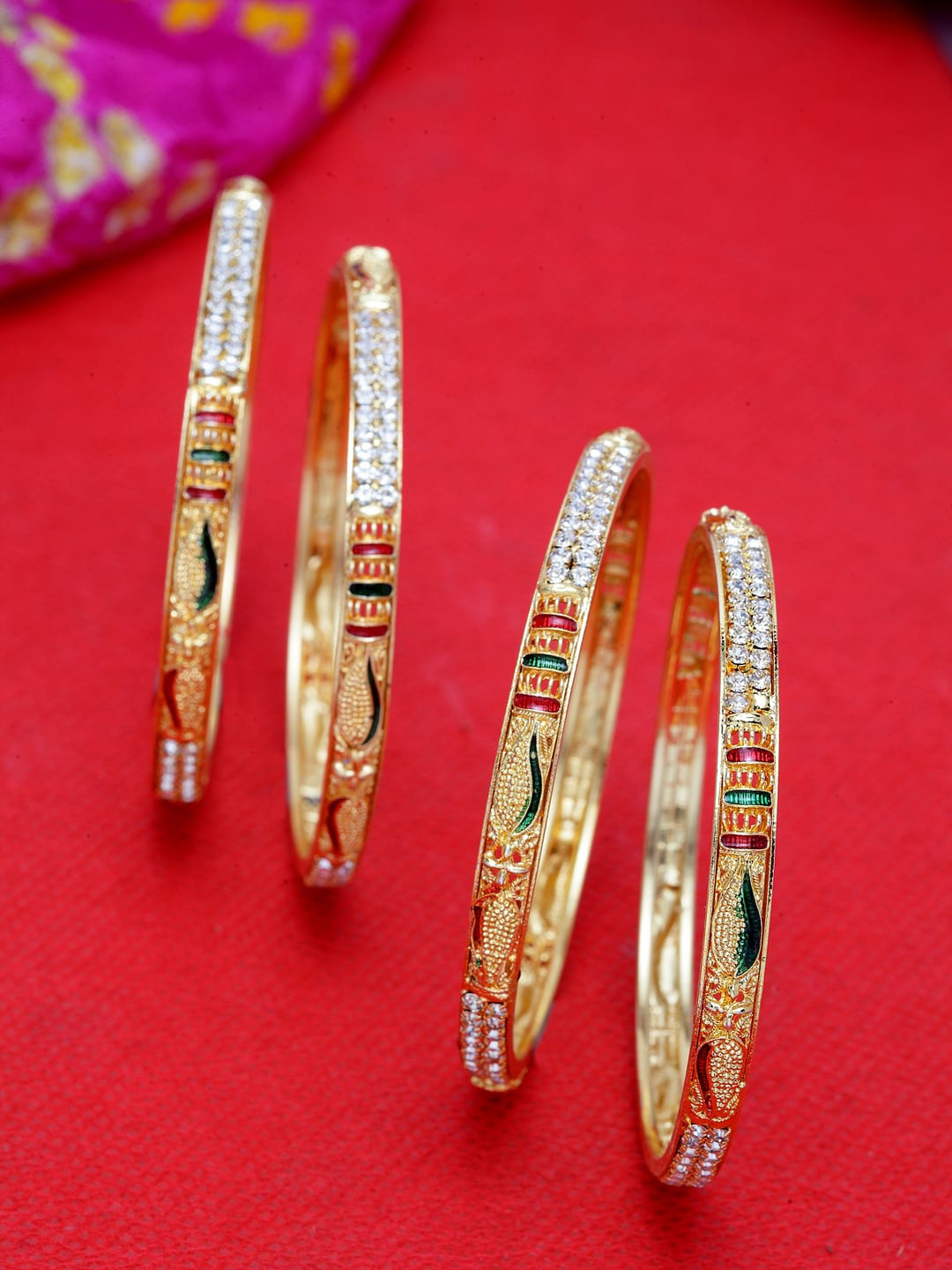 

Shining Diva Set Of 4 Gold-Plated White & Red Stone-Studded Meenakari Bangles