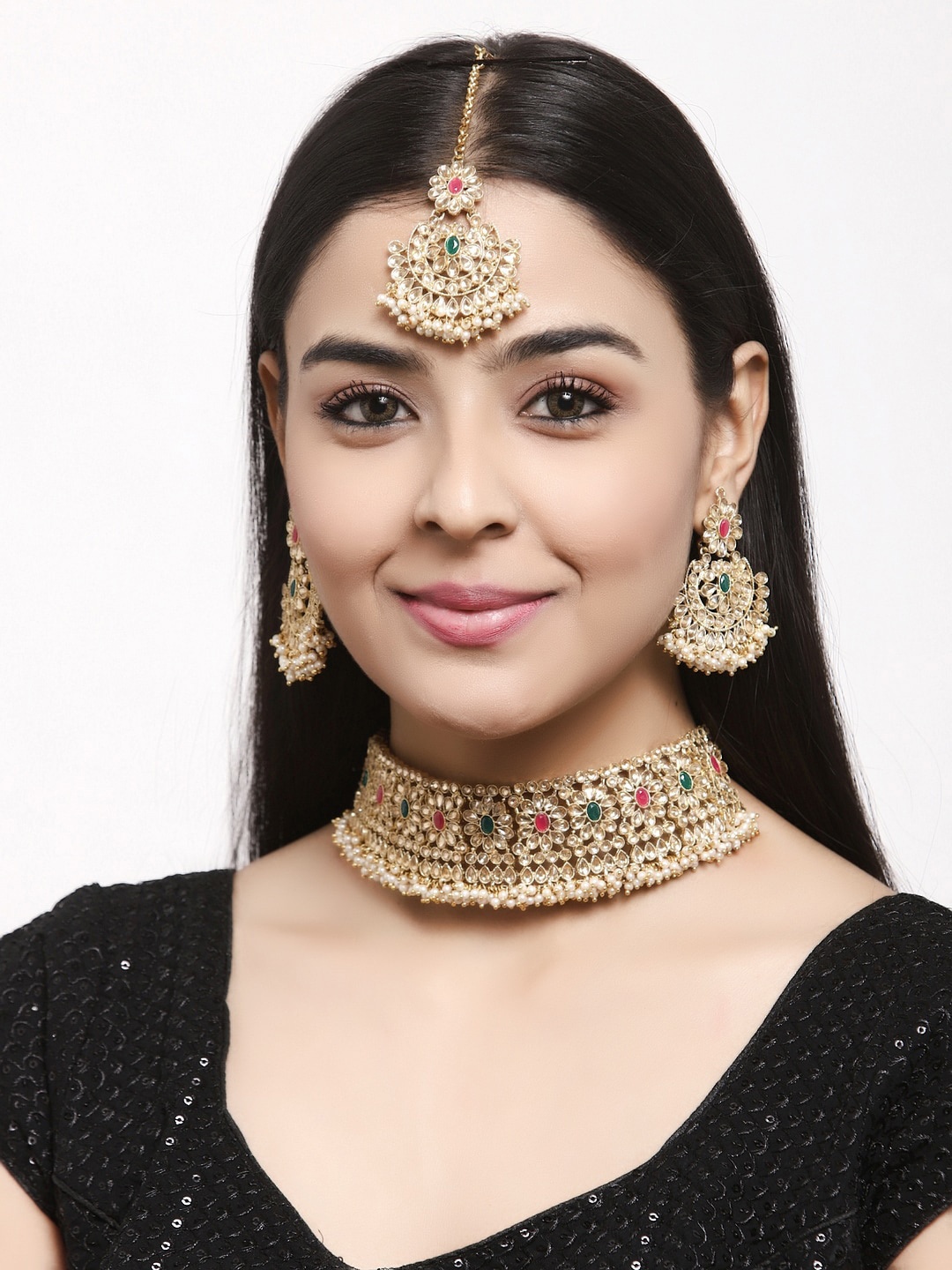 

Shining Diva Gold-Plated Beige & Green Kundan-Studded Pearl Jewellery Set