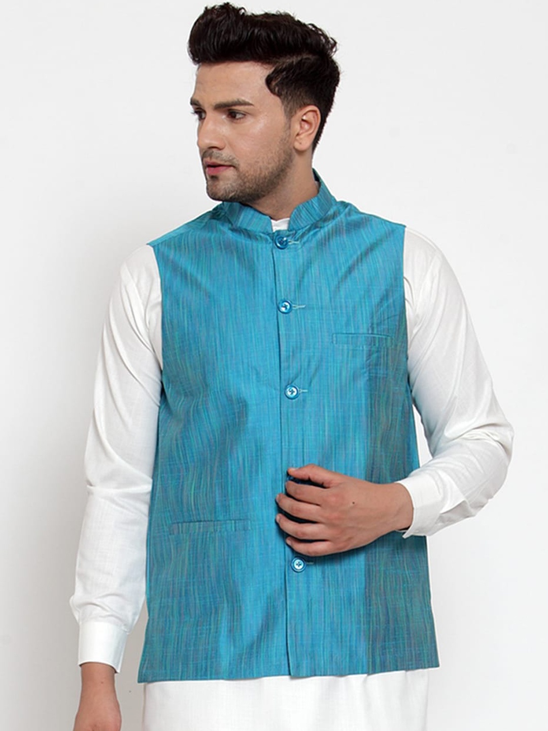 

Jompers Men Blue Woven Design Nehru Jacket