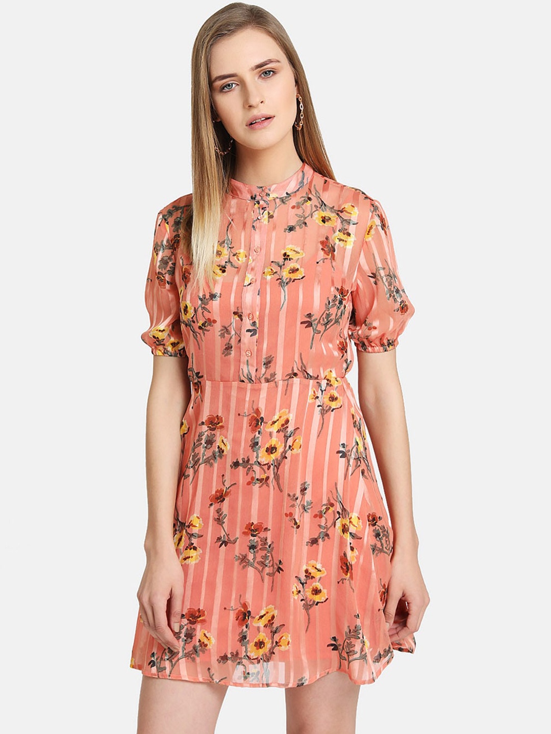 

Kazo Women Peach-Coloured Printed A-Line Dress