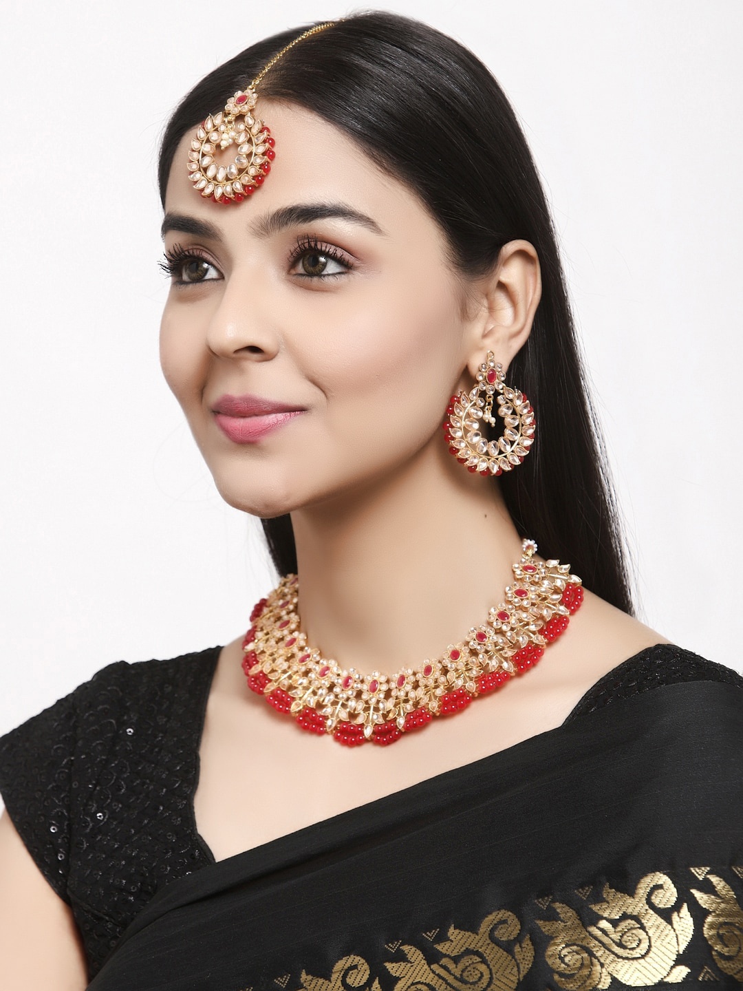 

Shining Diva Gold-Plated Red & White Kundan Studded Jewellery Set