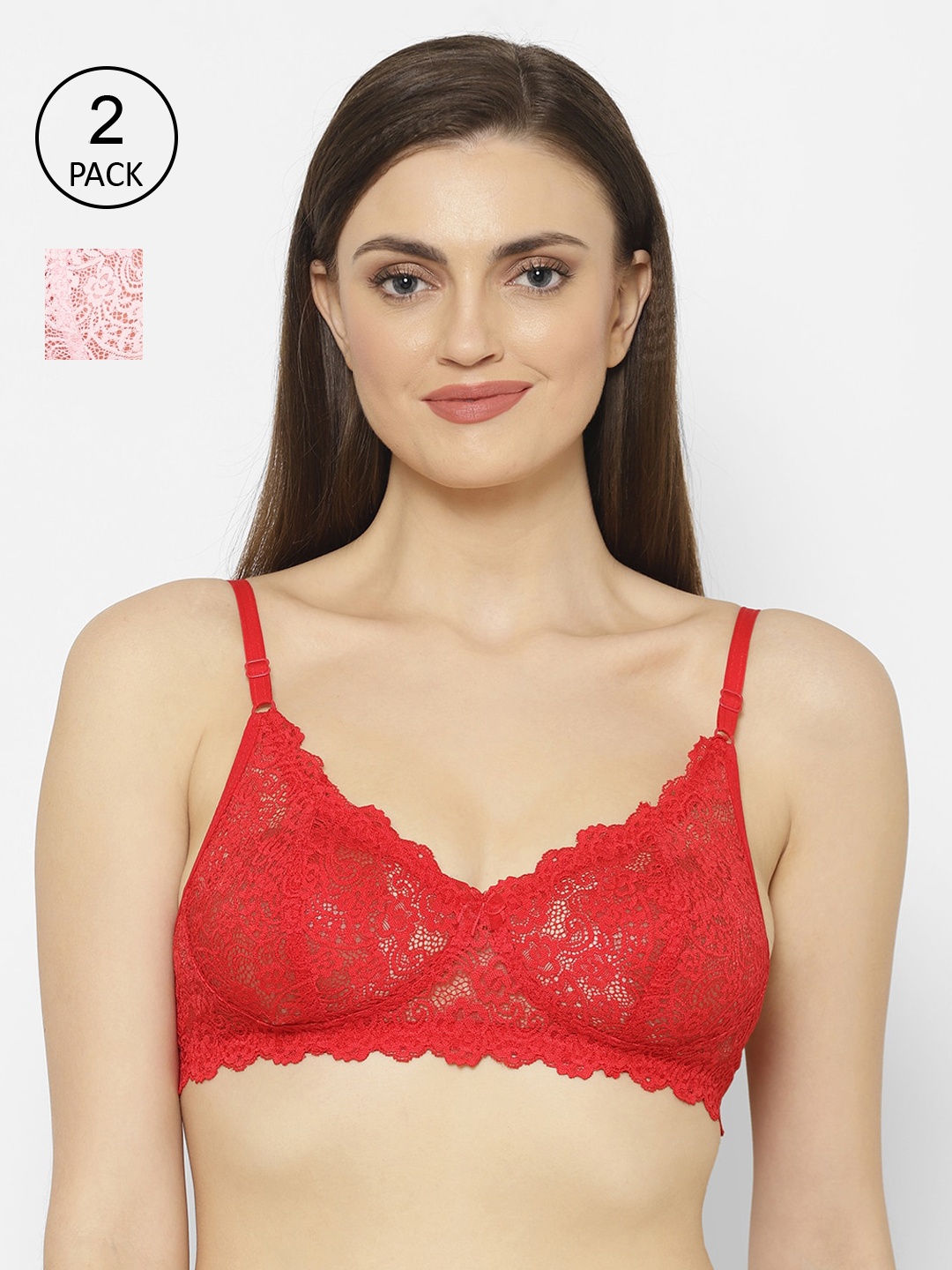 

Floret Pack of 2 Red & Pink Lace Non-Wired Non Padded T-shirt Bras