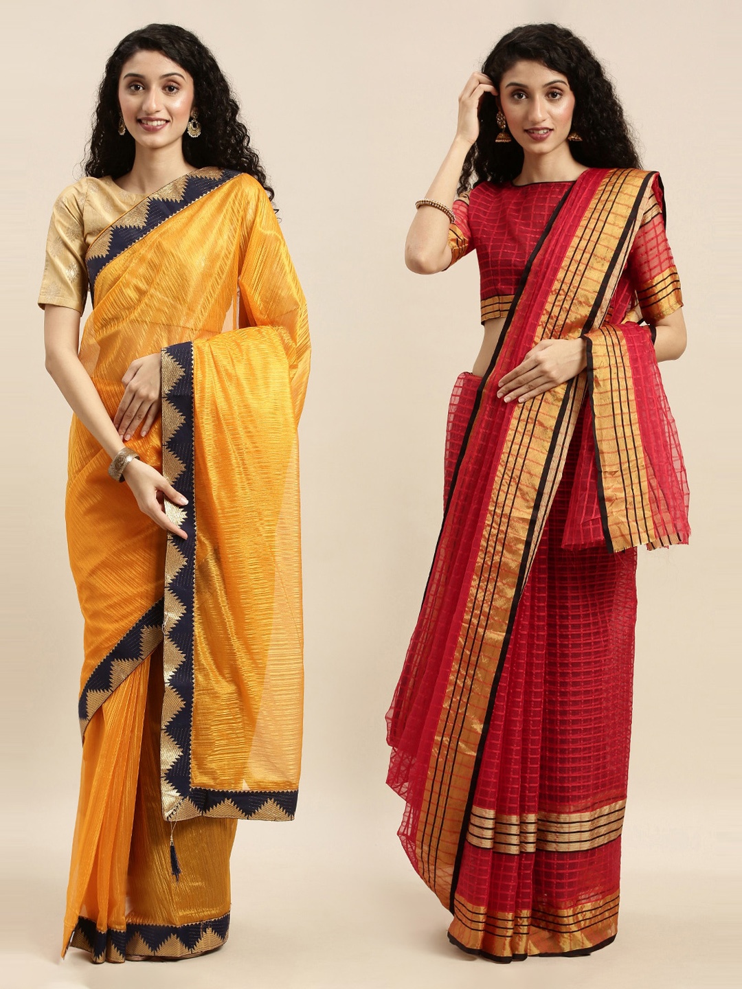 

Florence Yellow & Red Art Silk Solid Saree with Zari Border Pack of 2