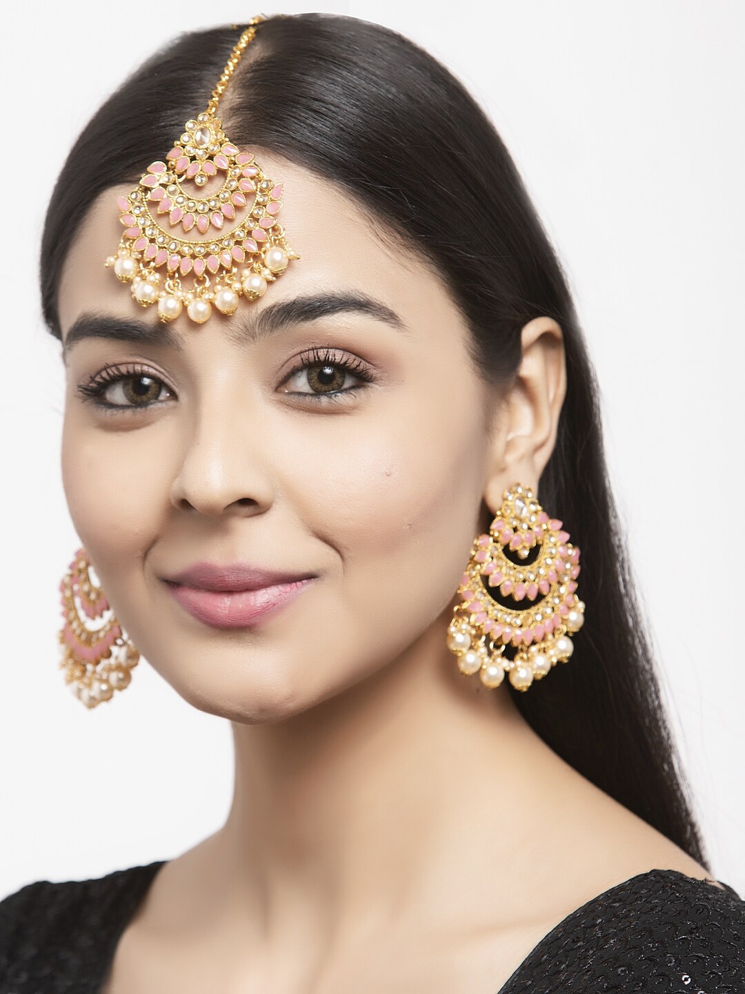 

Shining Diva Gold-Plated Pink & Beige Kundan & Pearl Studded Jewellery Set