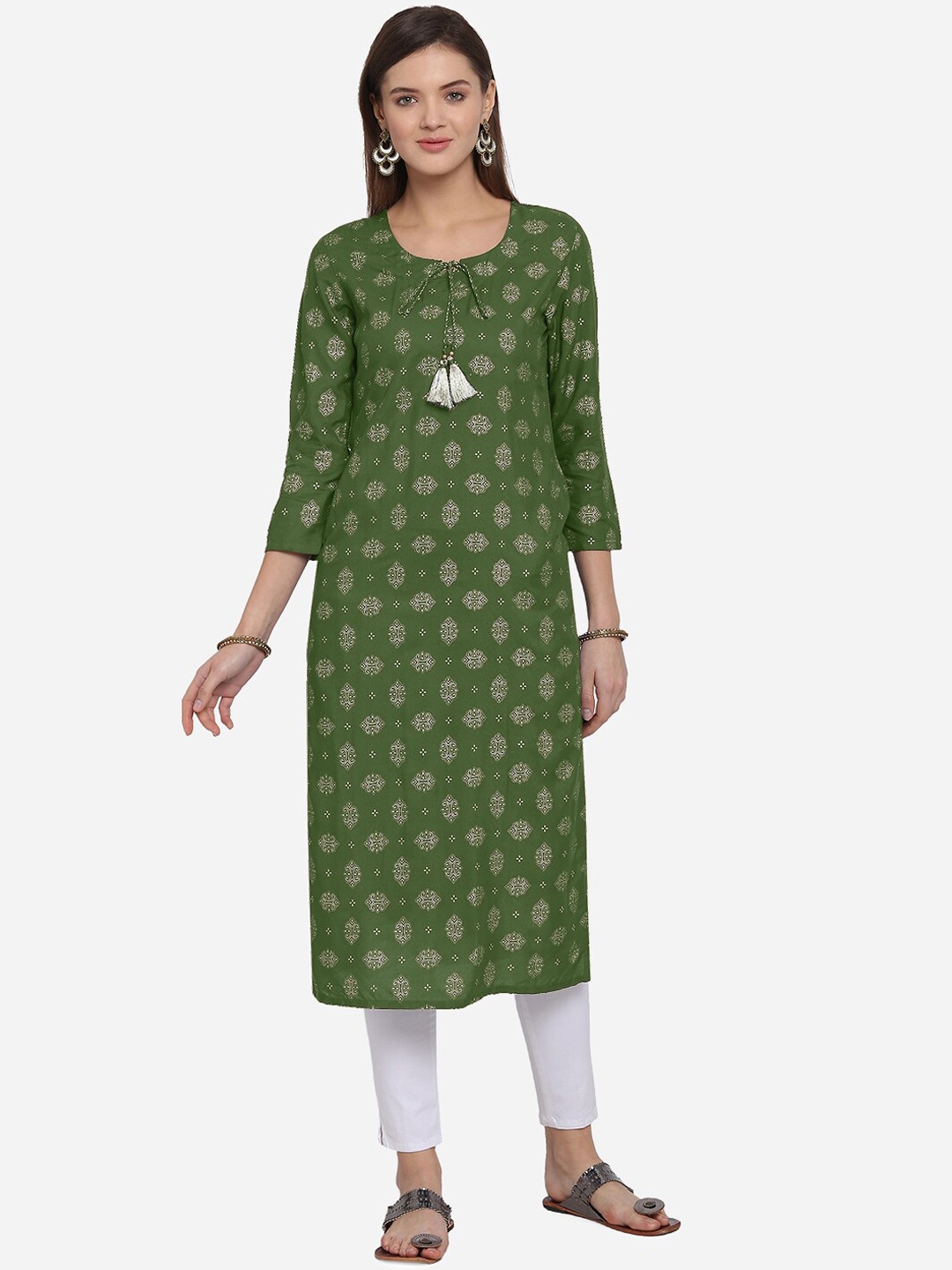 

MIRCHI FASHION Women Green Foil Printed Straight Kurta