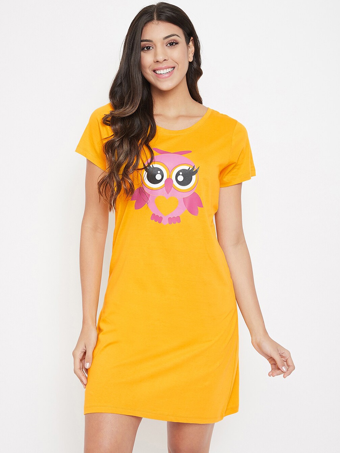 Clovia Yellow Printed Cotton Nightdress