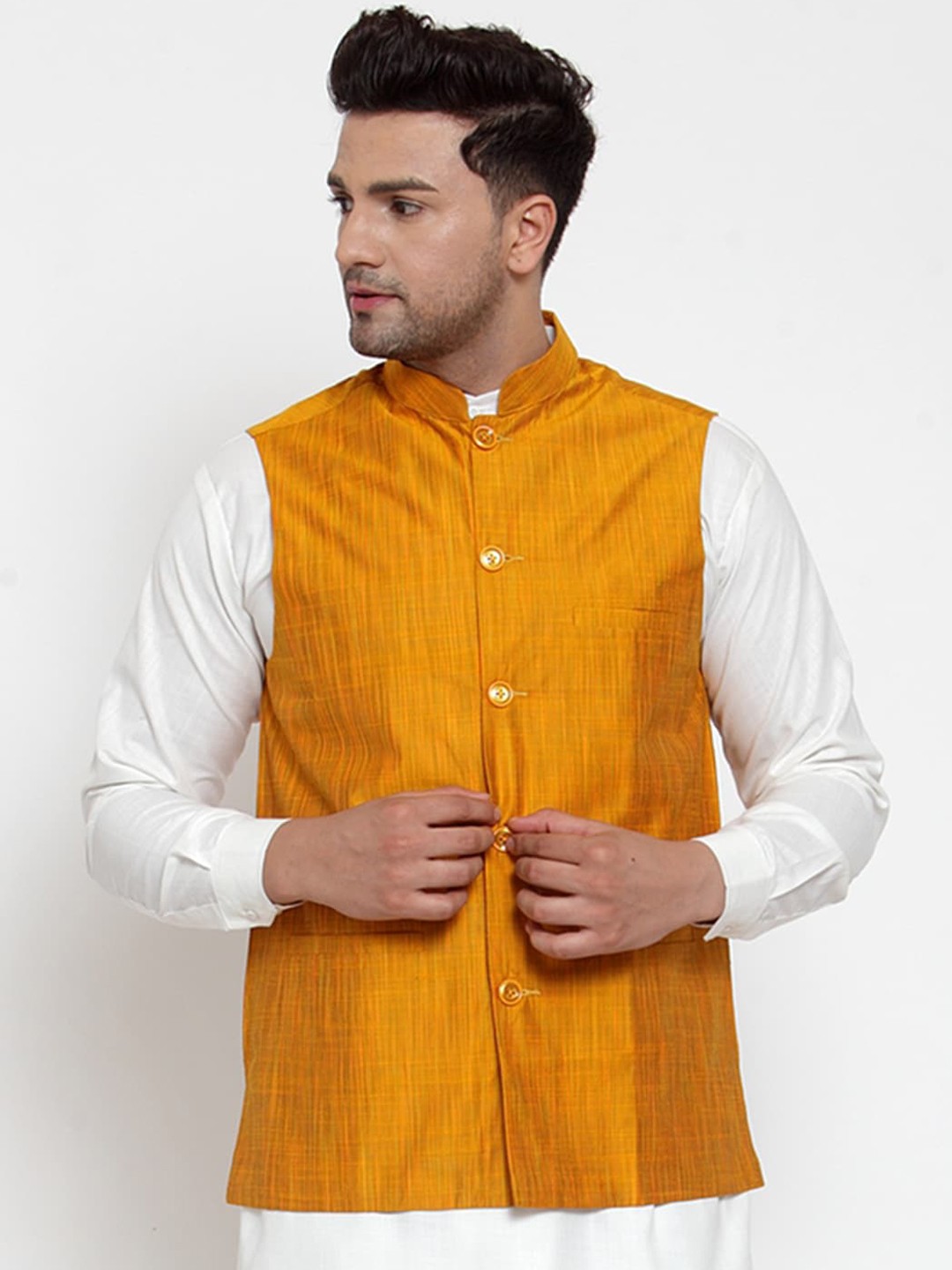 

Jompers Men Mustard Yellow Woven Design Nehru Jacket