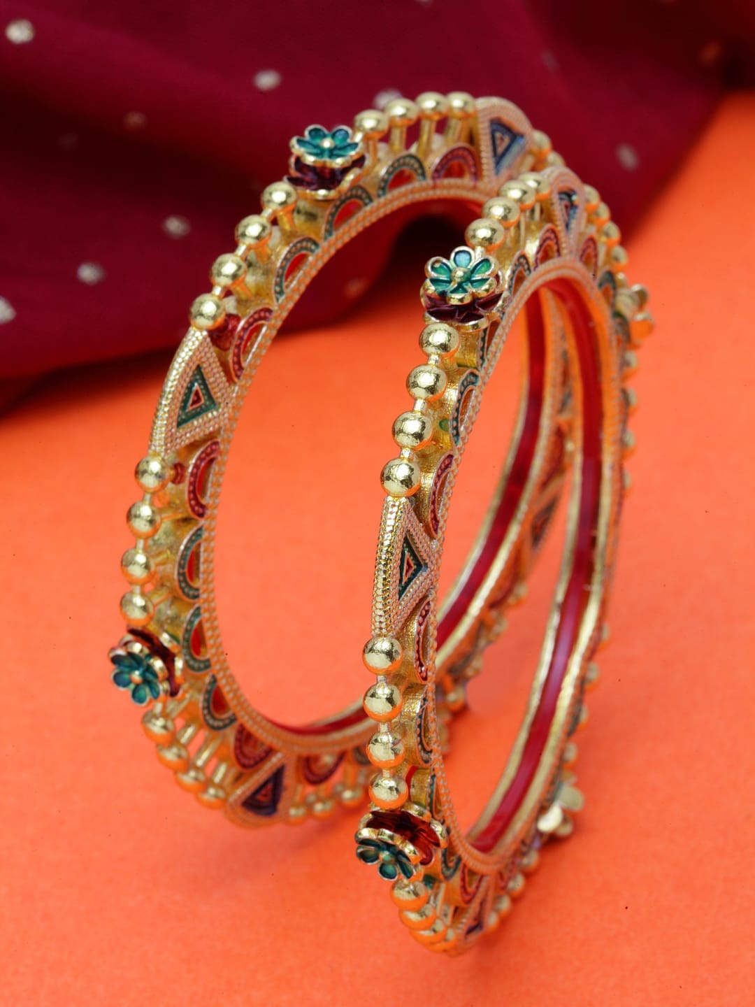 

Shining Diva Set Of 2 Gold-Plated Red & Green Meenakari Bangles